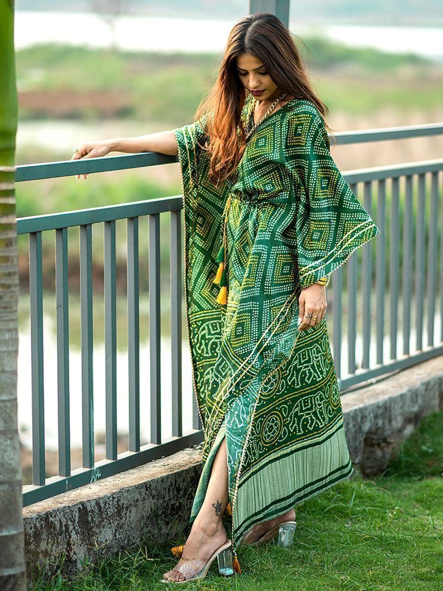 Green Ravishing Bandhej Print Gaji Silk Festival Wear Readymade Kaftan