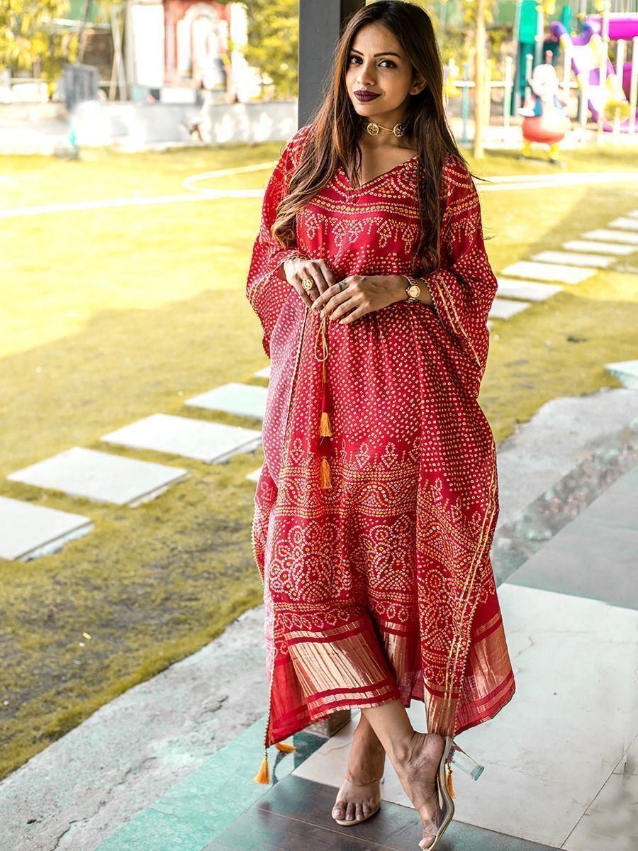Red Ravishing Bandhej Print Gaji Silk Festival Wear Readymade Kaftan