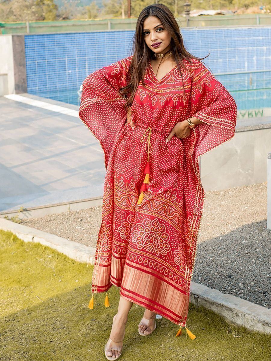 Red Ravishing Bandhej Print Gaji Silk Festival Wear Readymade Kaftan