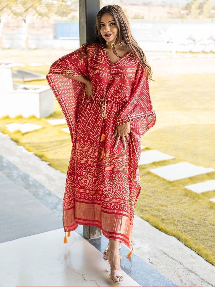 Red Ravishing Bandhej Print Gaji Silk Festival Wear Readymade Kaftan
