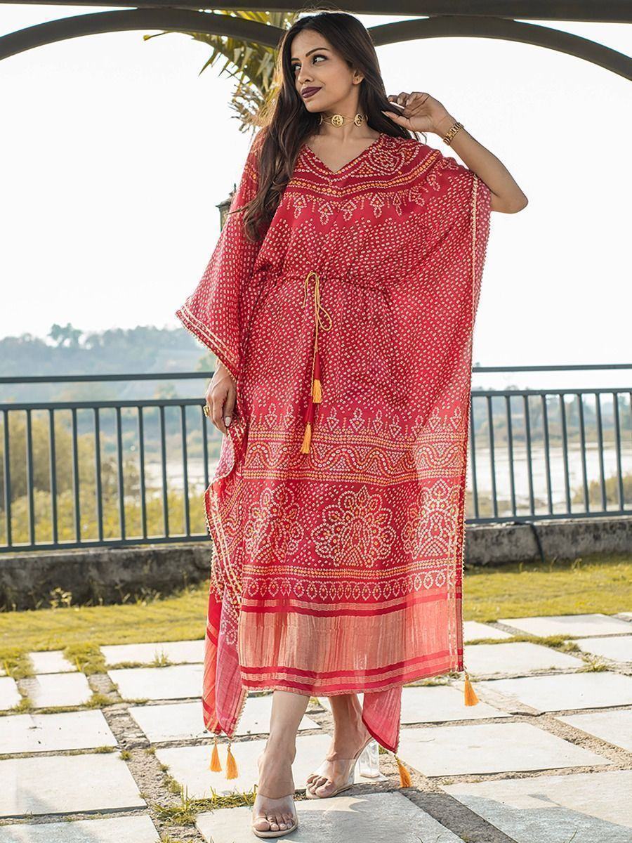 Red Ravishing Bandhej Print Gaji Silk Festival Wear Readymade Kaftan