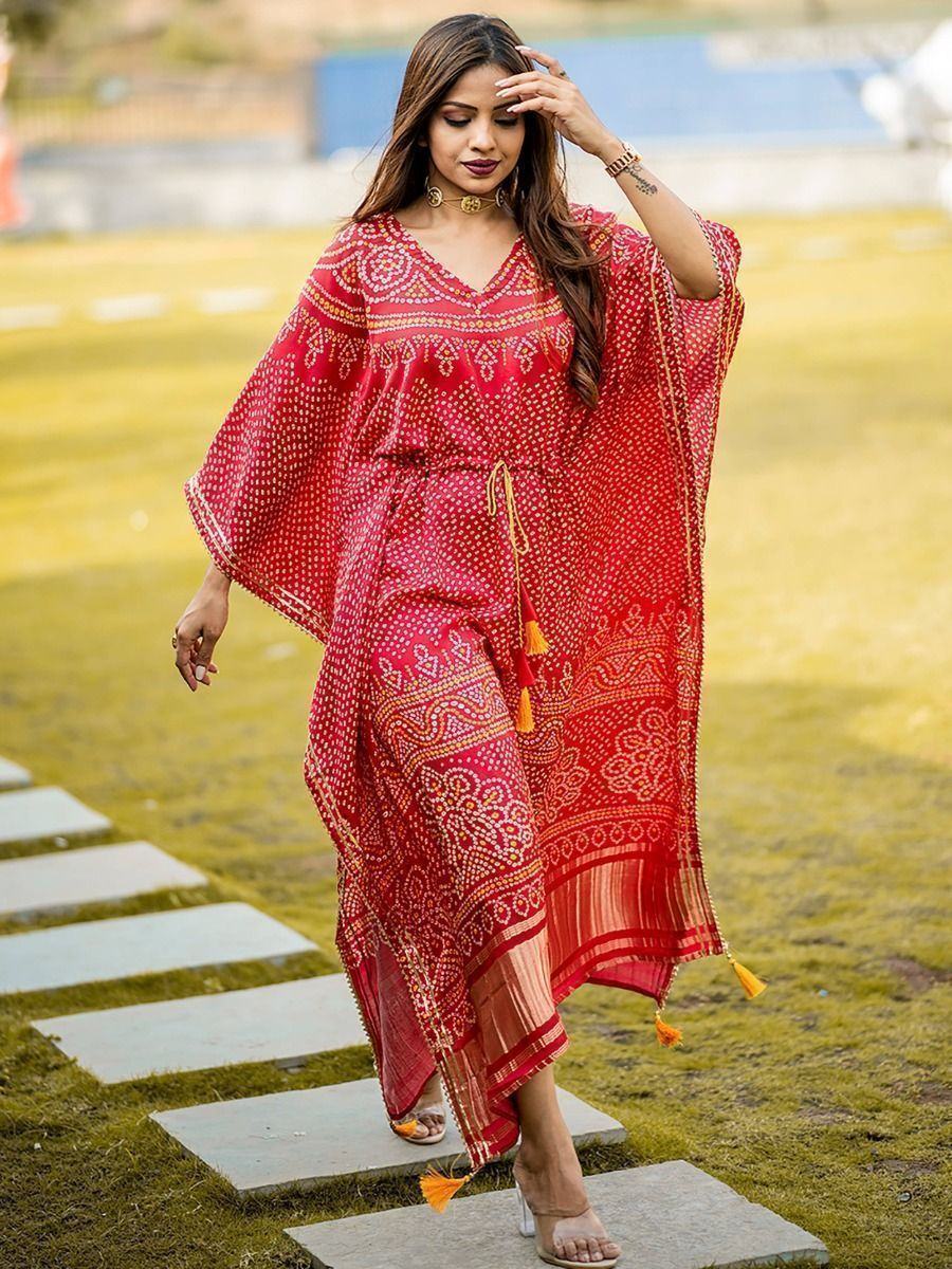 Red Ravishing Bandhej Print Gaji Silk Festival Wear Readymade Kaftan