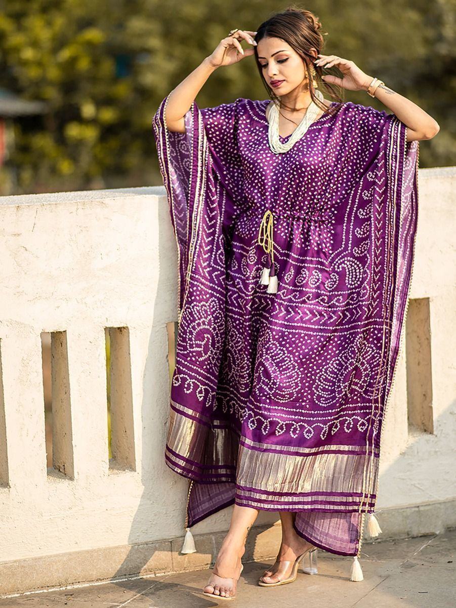 Wine Ravishing Bandhej Print Gaji Silk Festival Wear Readymade Kaftan