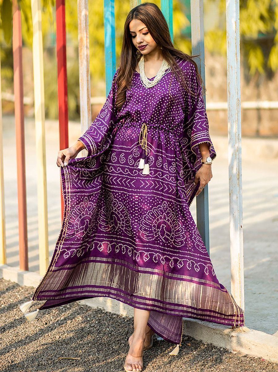 Wine Ravishing Bandhej Print Gaji Silk Festival Wear Readymade Kaftan