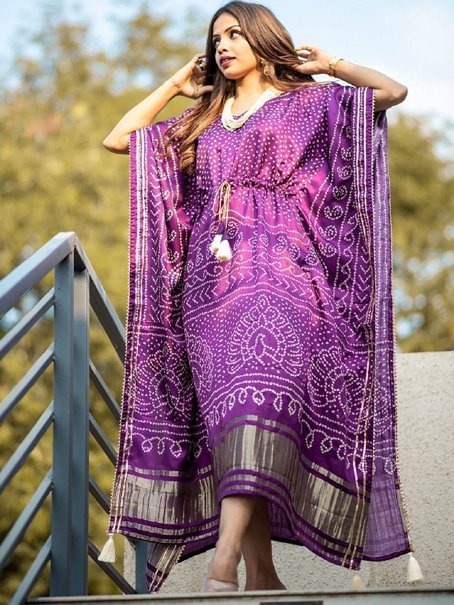 Wine Ravishing Bandhej Print Gaji Silk Festival Wear Readymade Kaftan