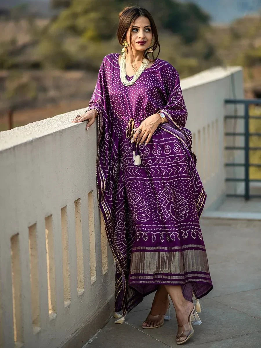 Wine Ravishing Bandhej Print Gaji Silk Festival Wear Readymade Kaftan