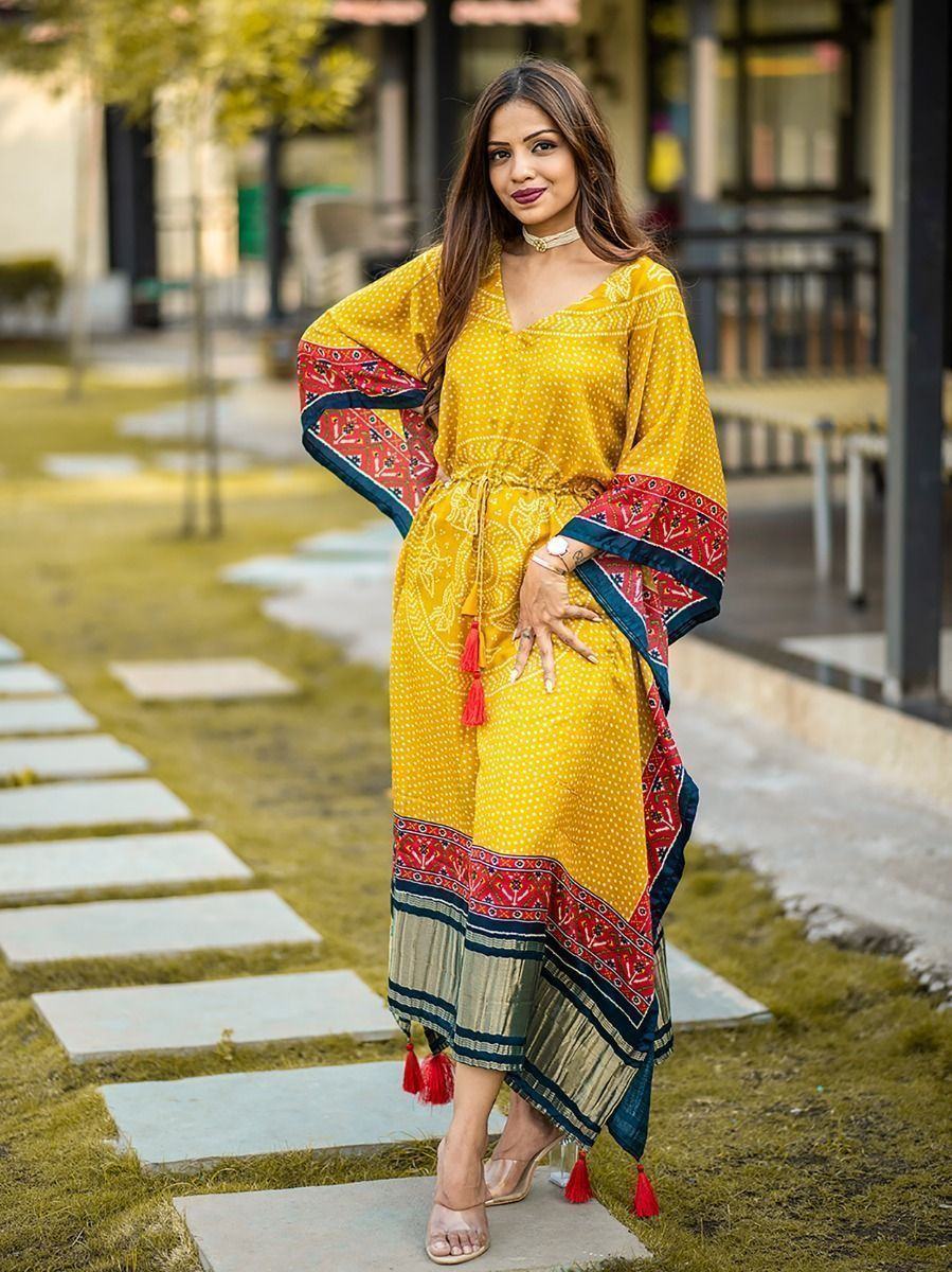 Yellow Ravishing Bandhej Print Gaji Silk Festival Wear Readymade Kaftan