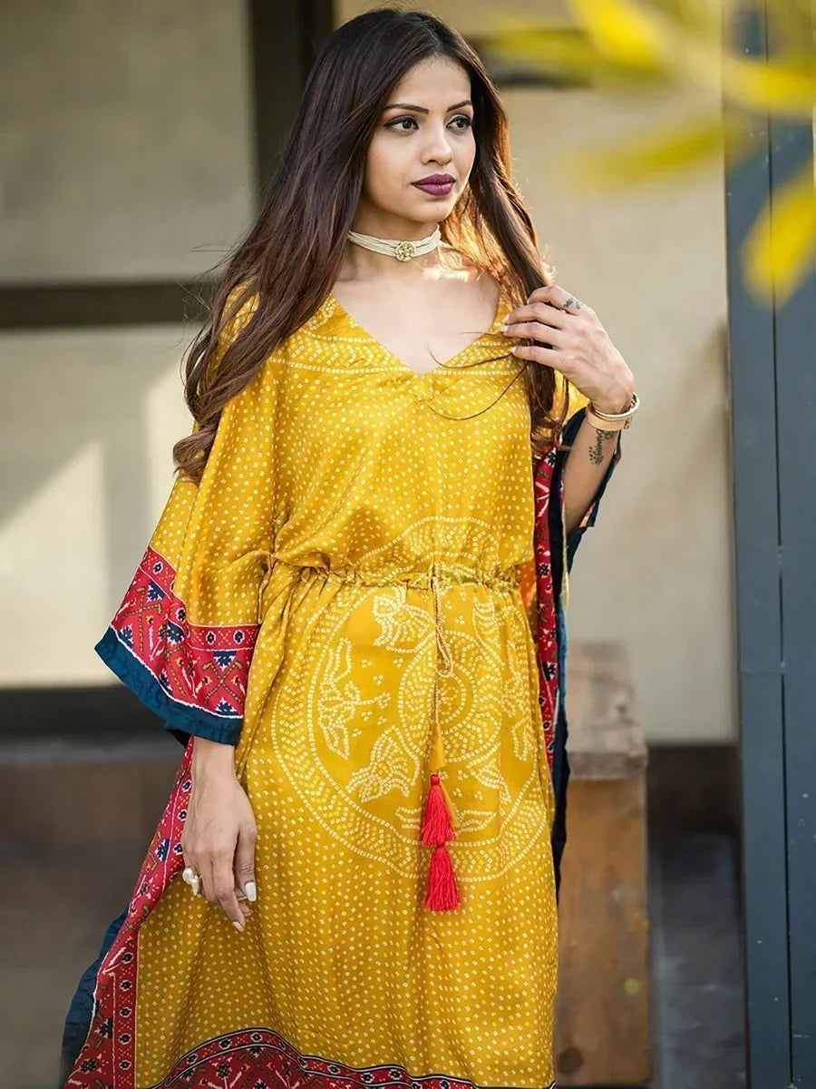 Yellow Ravishing Bandhej Print Gaji Silk Festival Wear Readymade Kaftan
