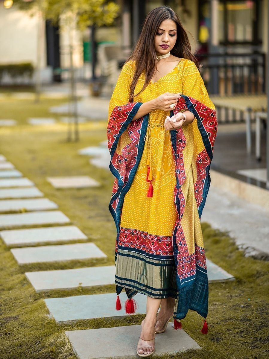 Yellow Ravishing Bandhej Print Gaji Silk Festival Wear Readymade Kaftan