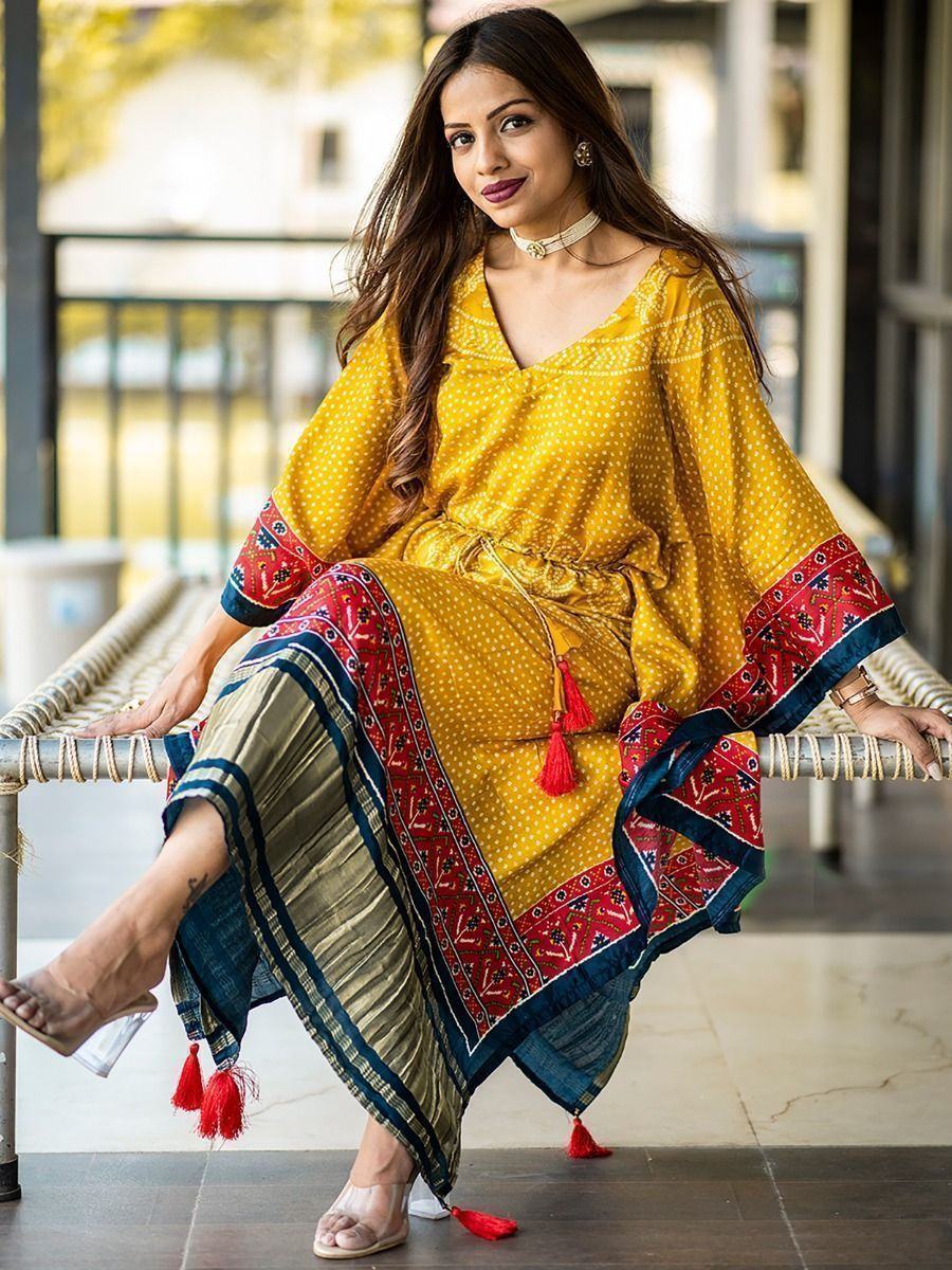 Yellow Ravishing Bandhej Print Gaji Silk Festival Wear Readymade Kaftan