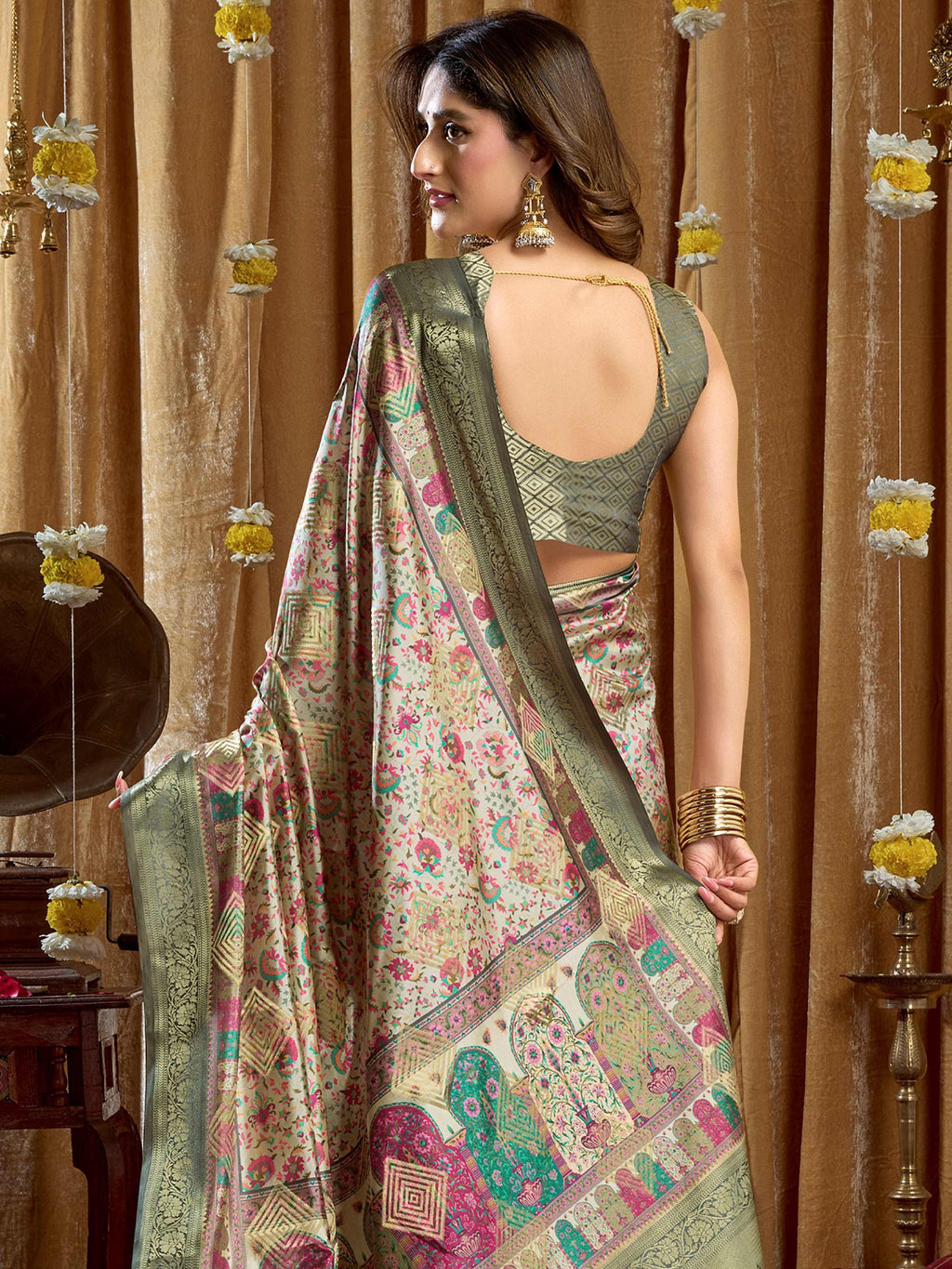 Outstanding Green Digital Printed Silk Festival Wear Saree With Blouse