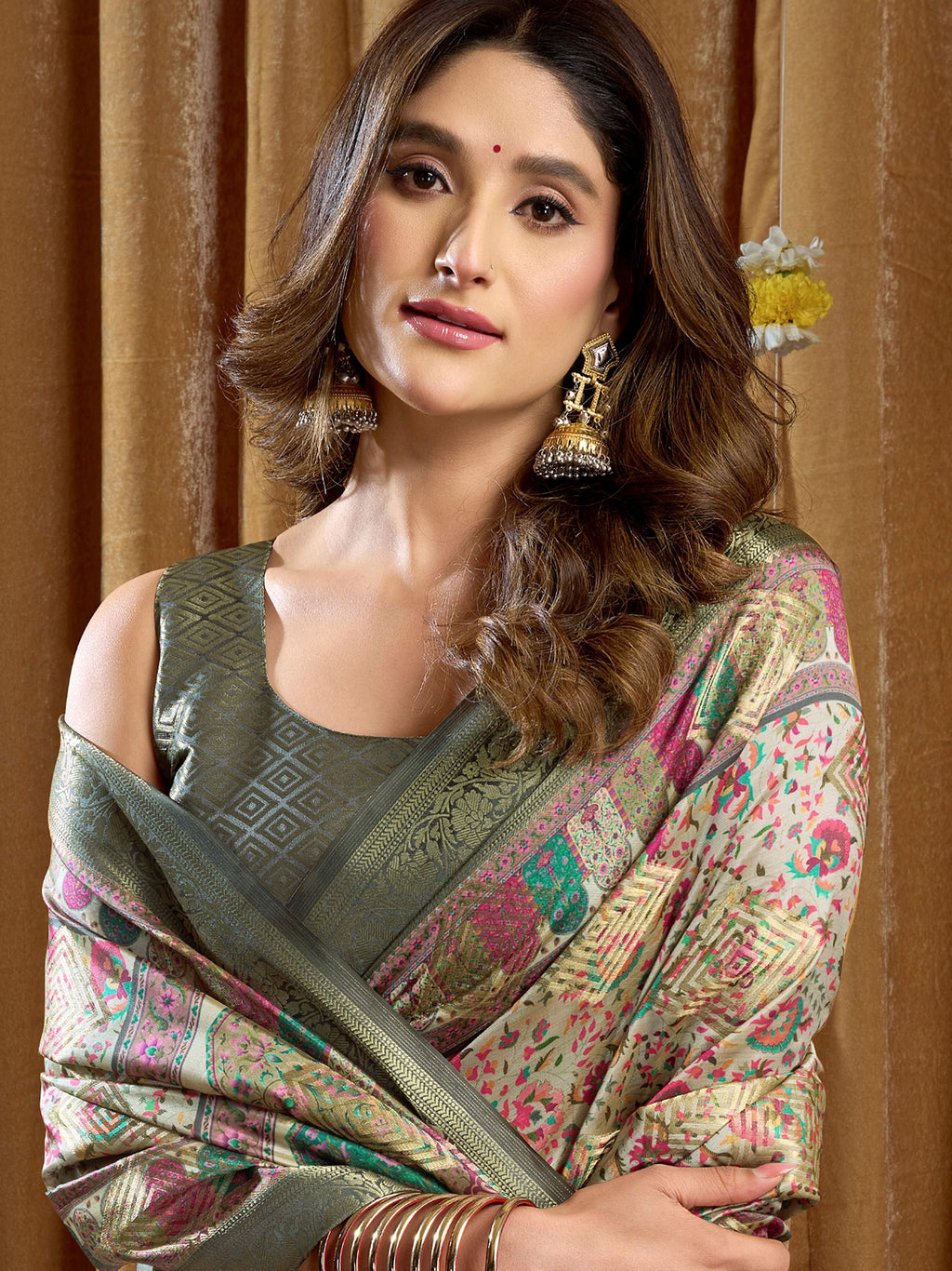 Outstanding Green Digital Printed Silk Festival Wear Saree With Blouse