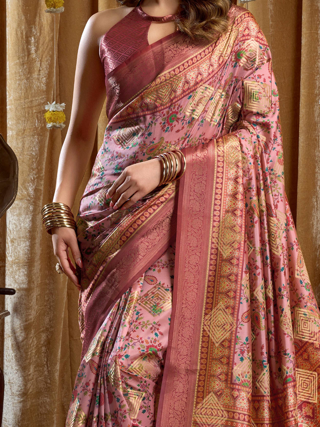 Enchanting Pink Digital Printed Silk Function Wear Saree With Blouse