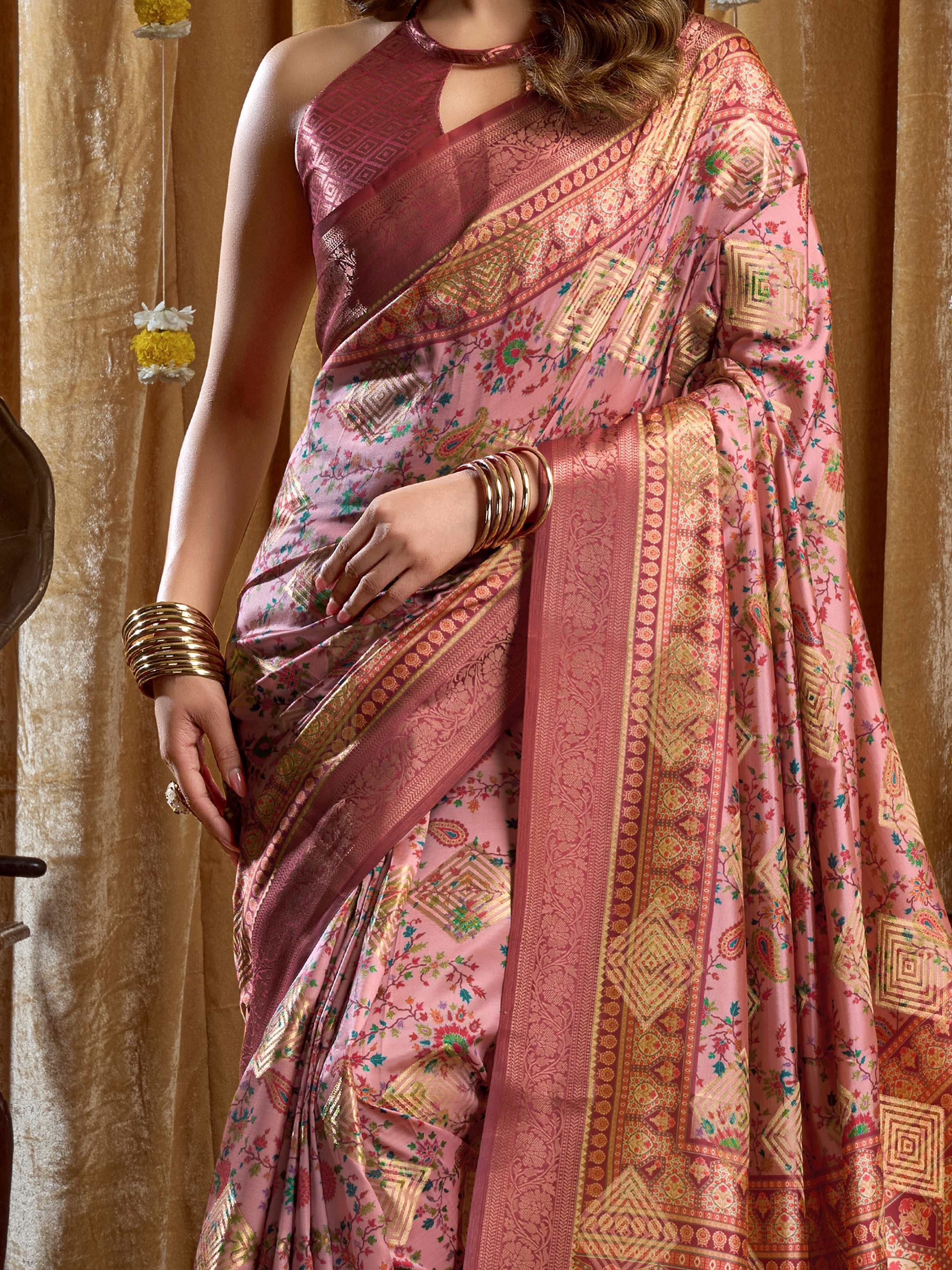 Enchanting Pink Digital Printed Silk Function Wear Saree With Blouse