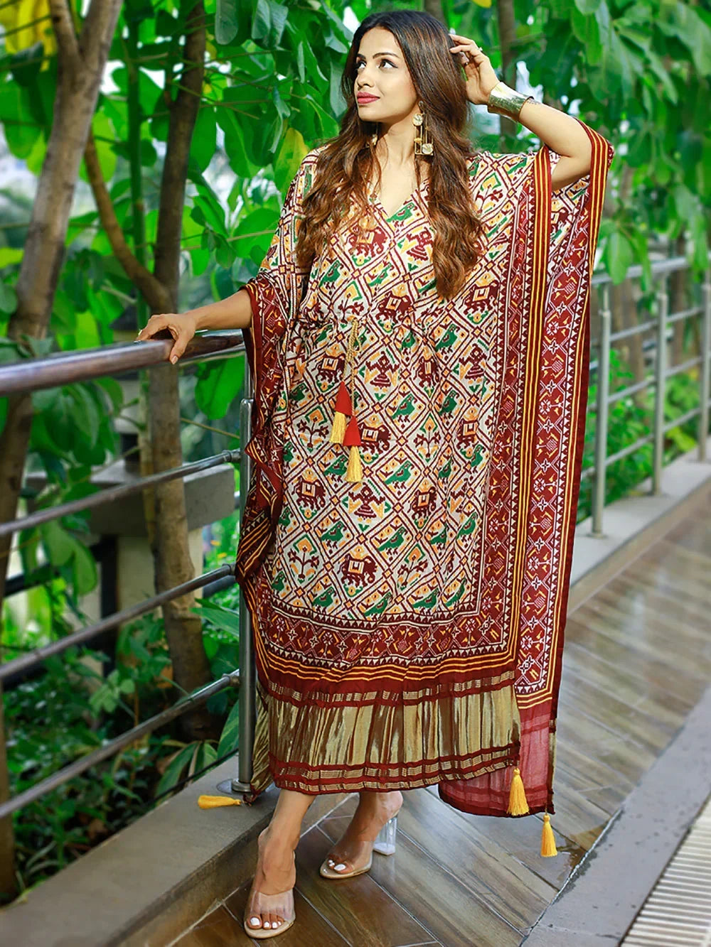 Maroon Glorious Bandhej Print Gaji Silk Festival Wear Readymade Kaftan