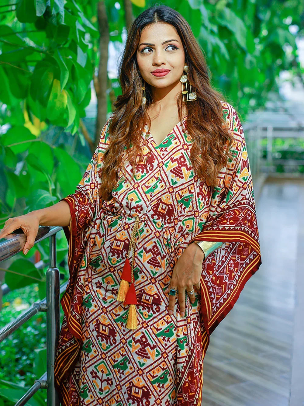 Maroon Glorious Bandhej Print Gaji Silk Festival Wear Readymade Kaftan
