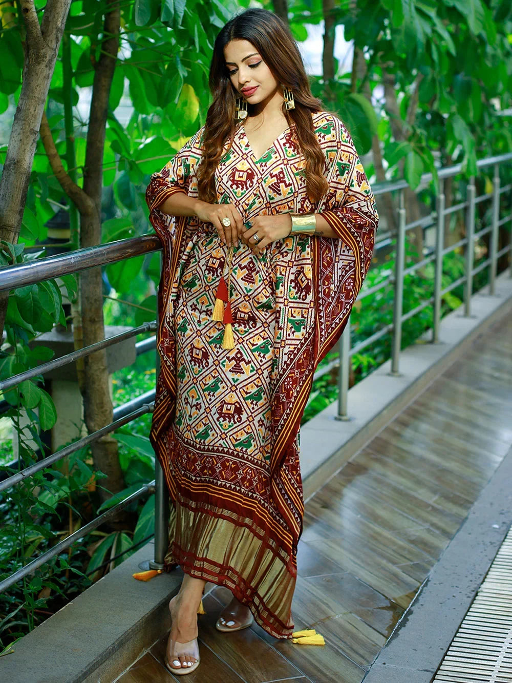 Maroon Glorious Bandhej Print Gaji Silk Festival Wear Readymade Kaftan