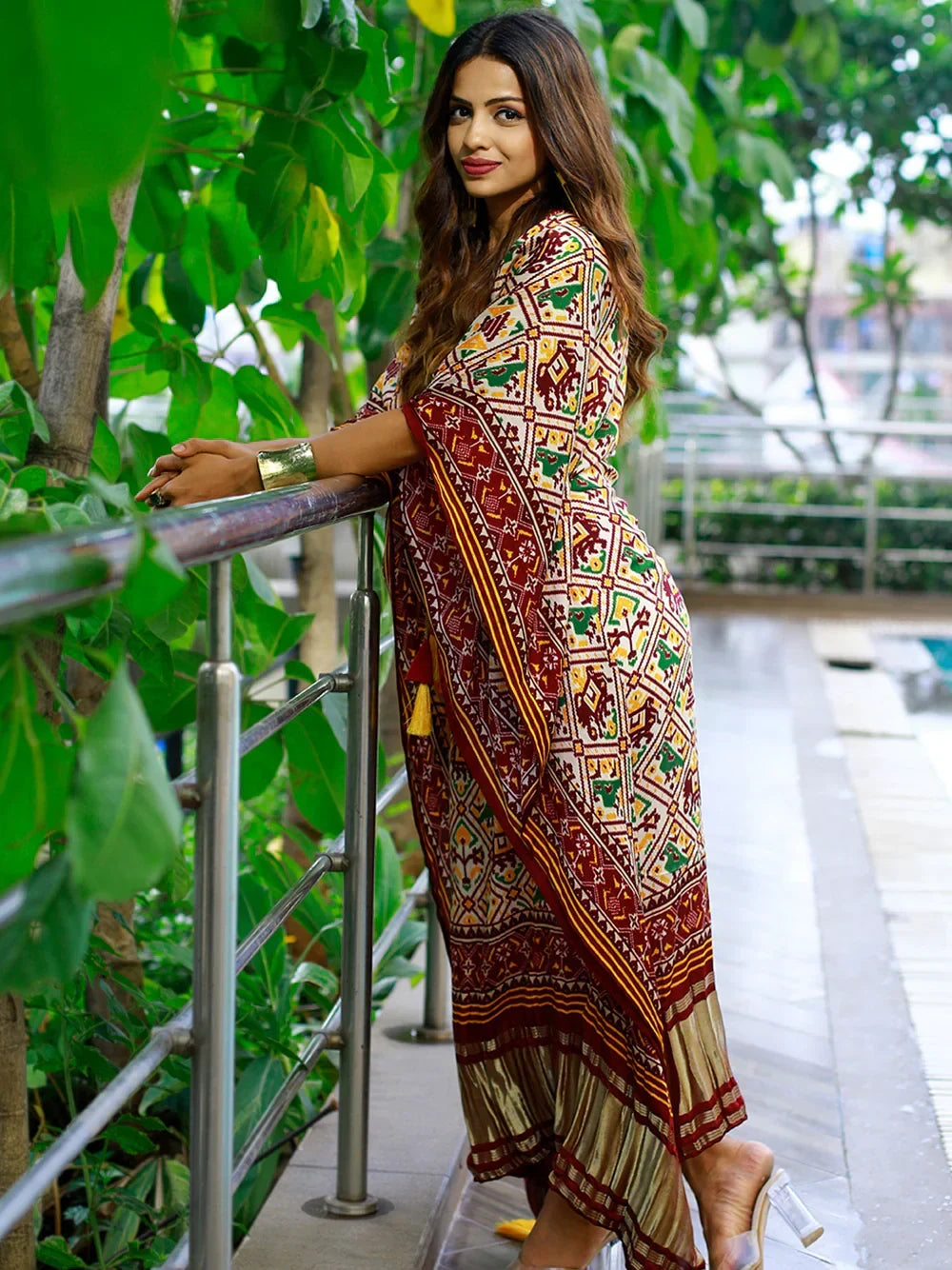 Maroon Glorious Bandhej Print Gaji Silk Festival Wear Readymade Kaftan