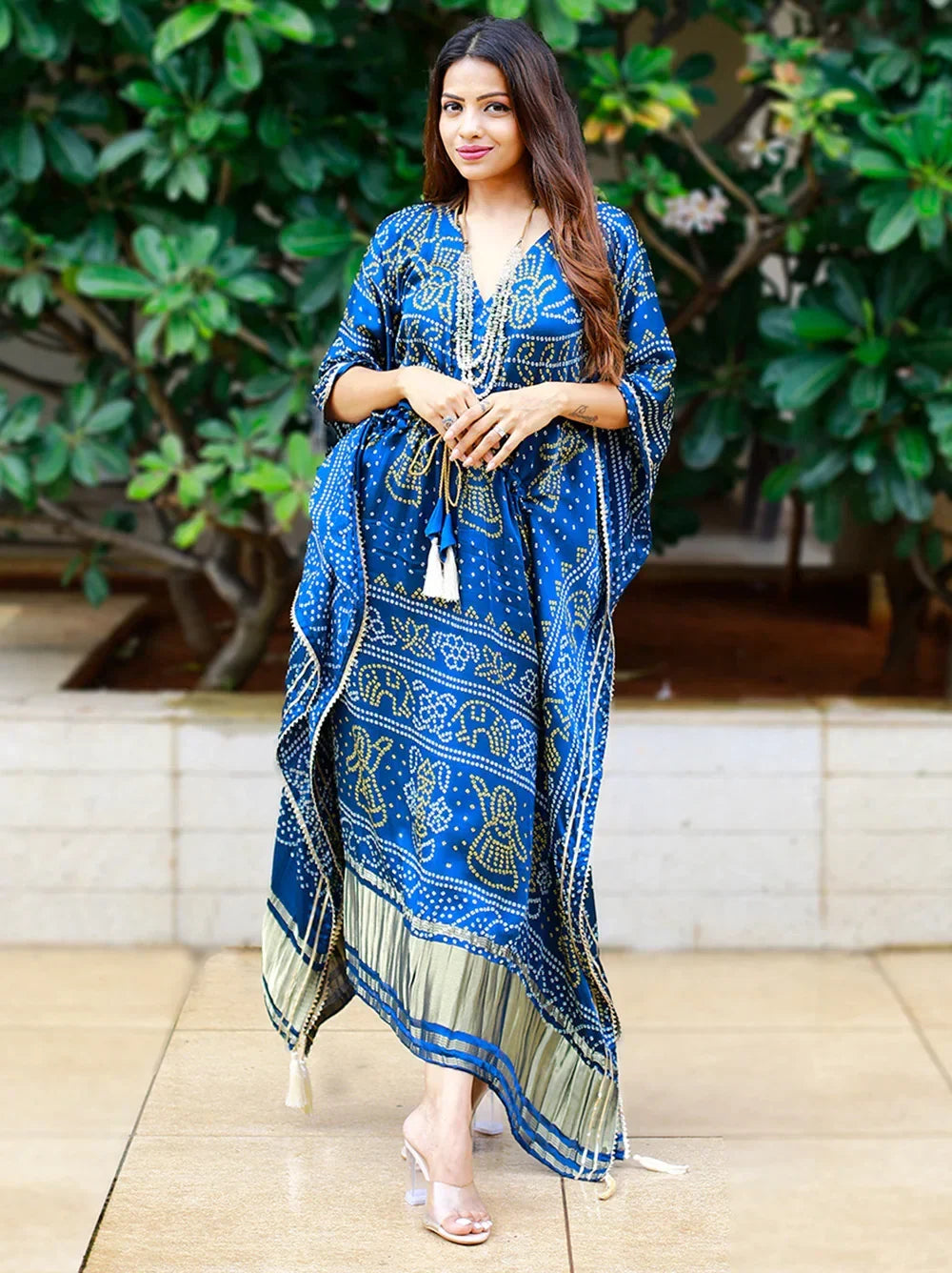 Blue Glorious Bandhej Print Gaji Silk Festival Wear Readymade Kaftan