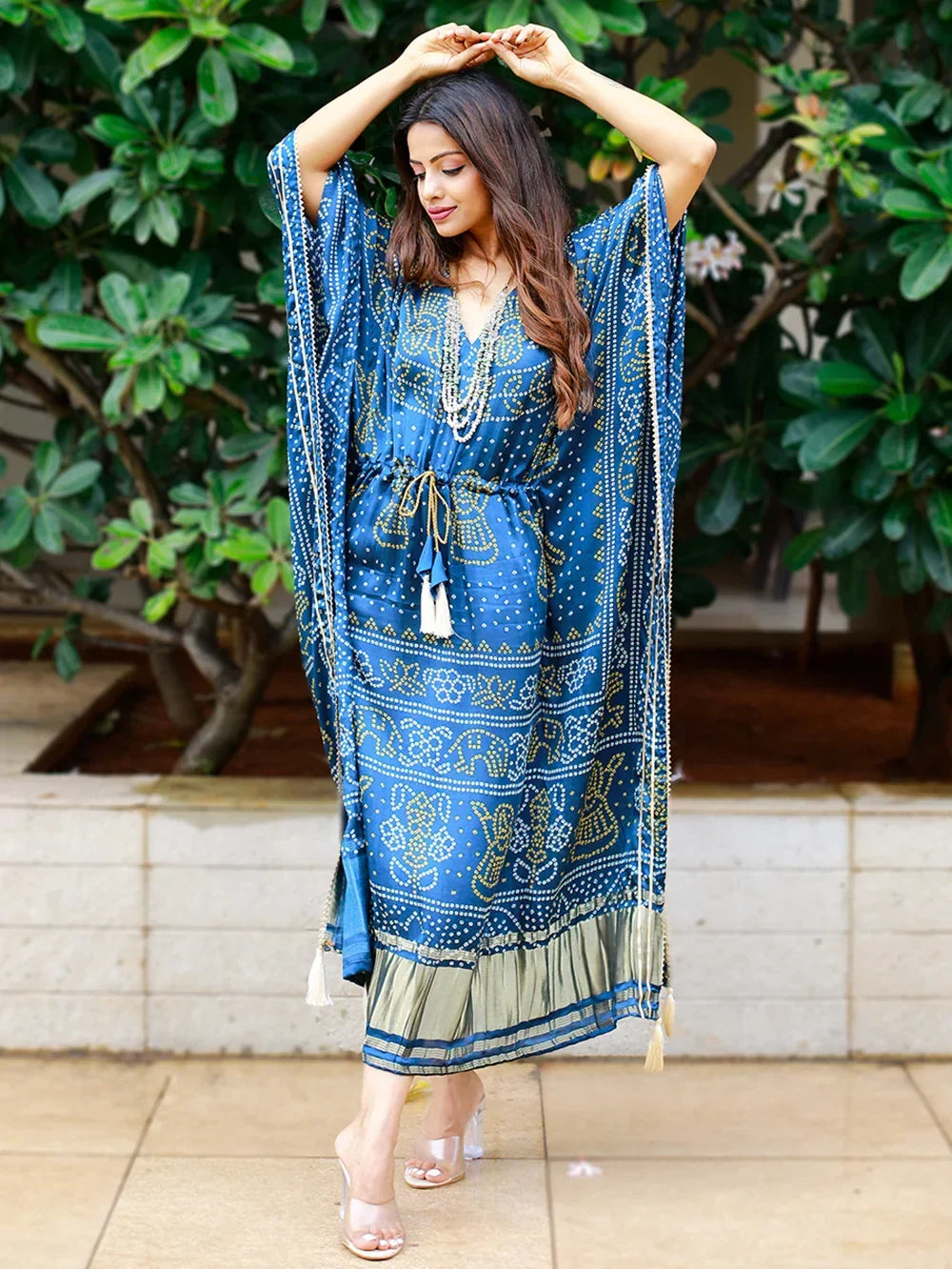 Blue Glorious Bandhej Print Gaji Silk Festival Wear Readymade Kaftan