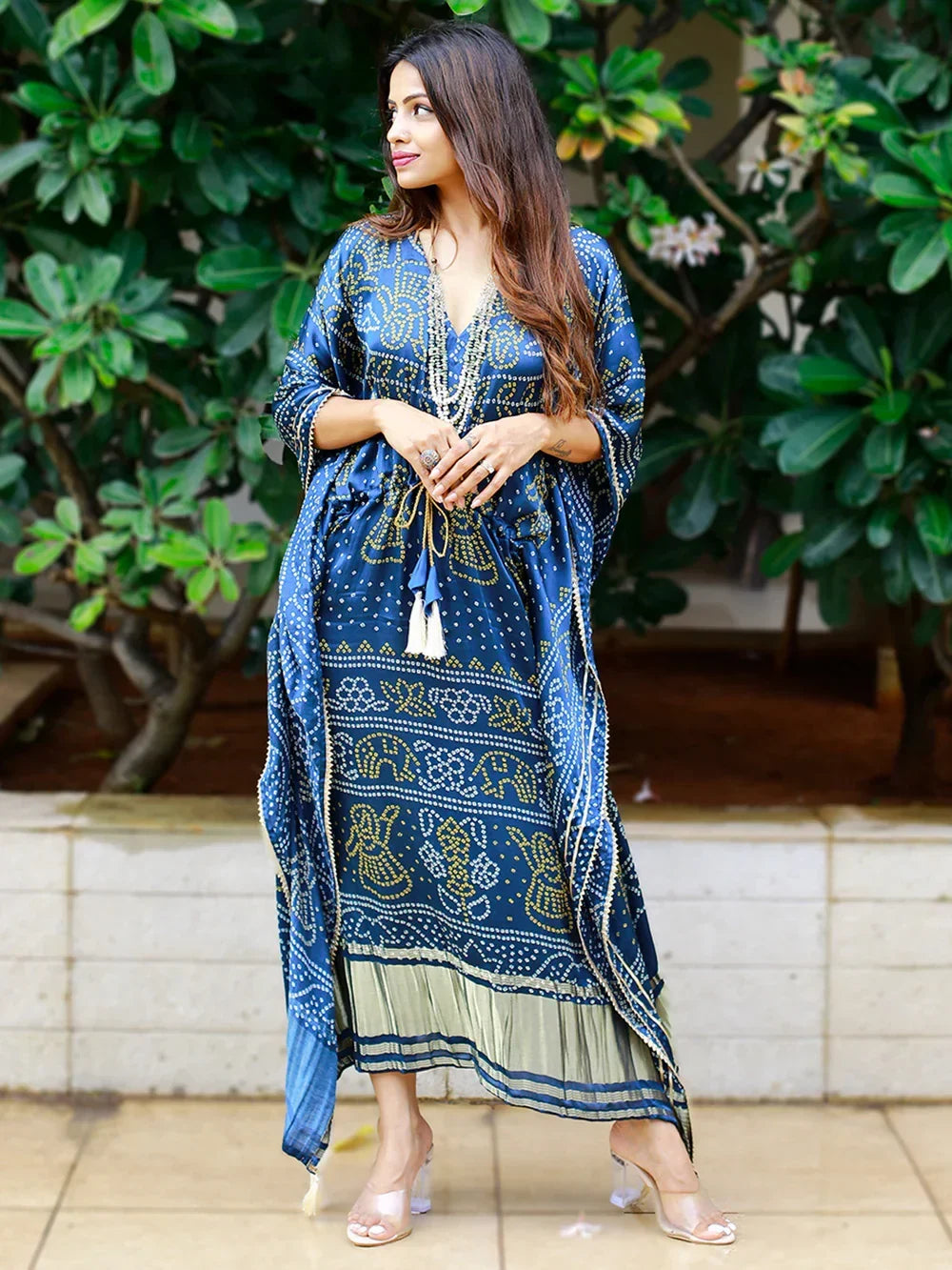 Blue Glorious Bandhej Print Gaji Silk Festival Wear Readymade Kaftan