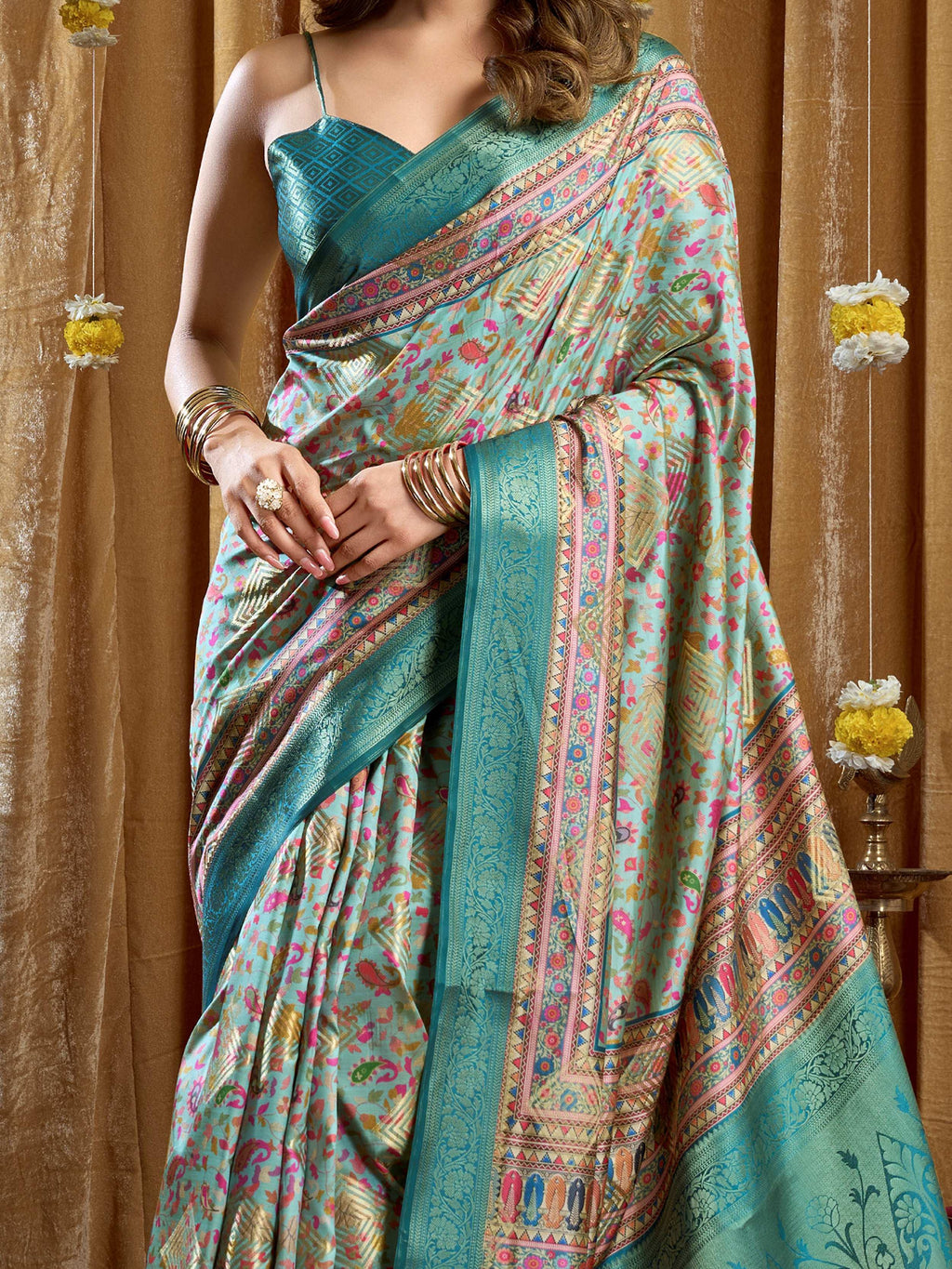 Precious Green Digital Printed Silk Wedding Wear Saree With Blouse
