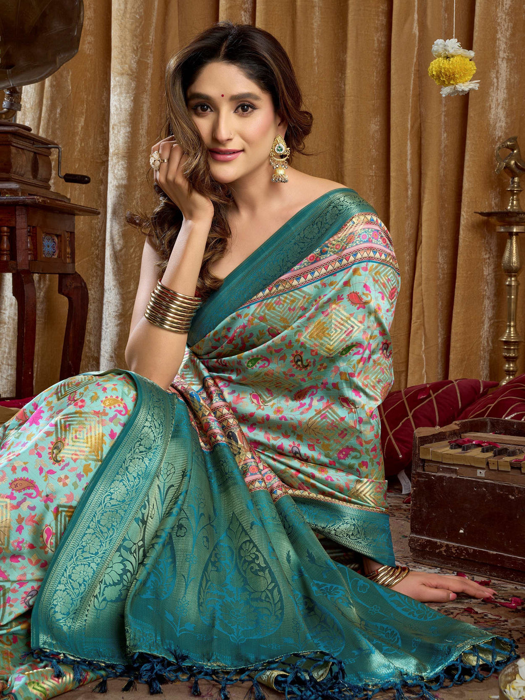 Precious Green Digital Printed Silk Wedding Wear Saree With Blouse