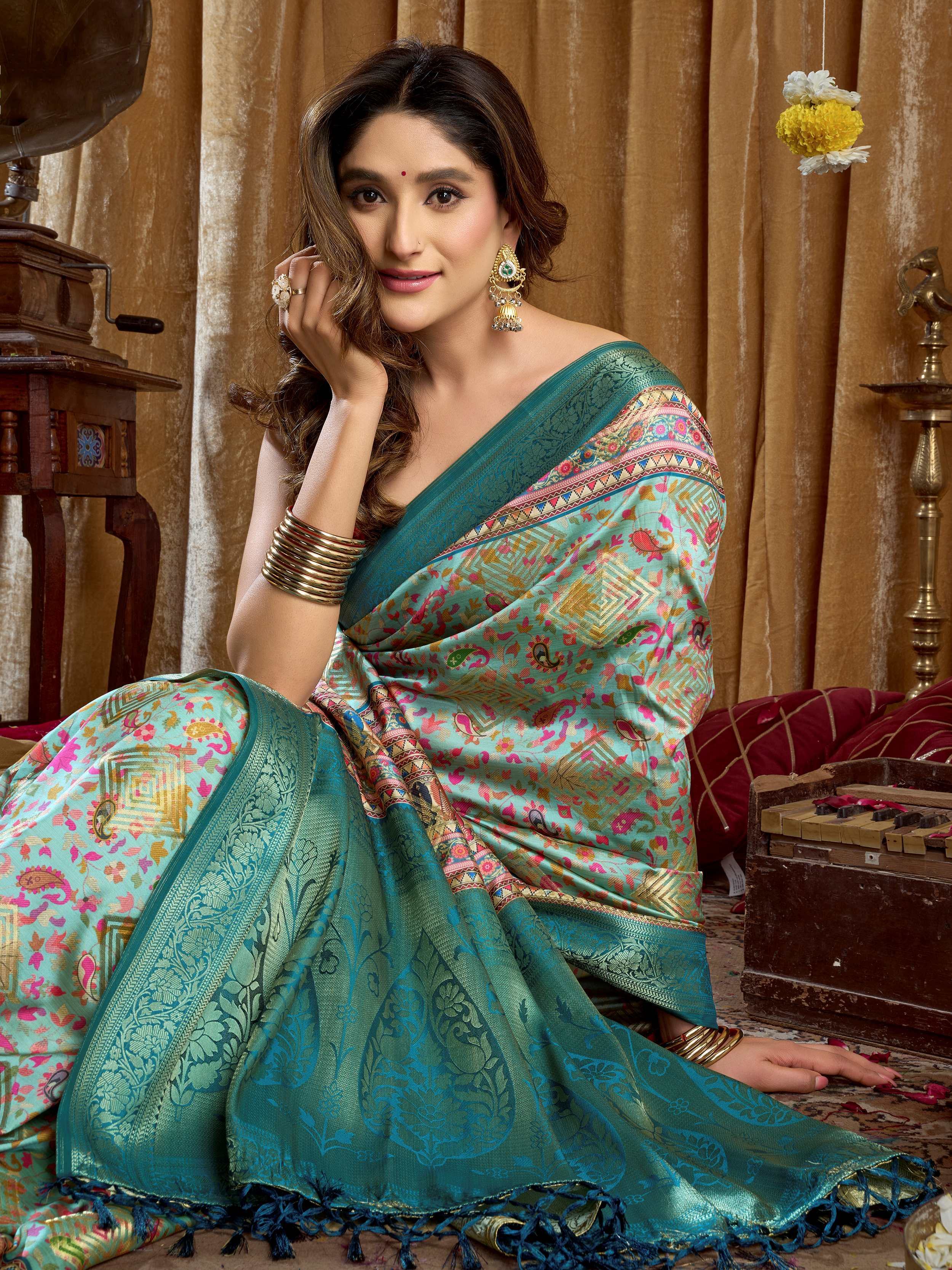 Precious Green Digital Printed Silk Wedding Wear Saree With Blouse