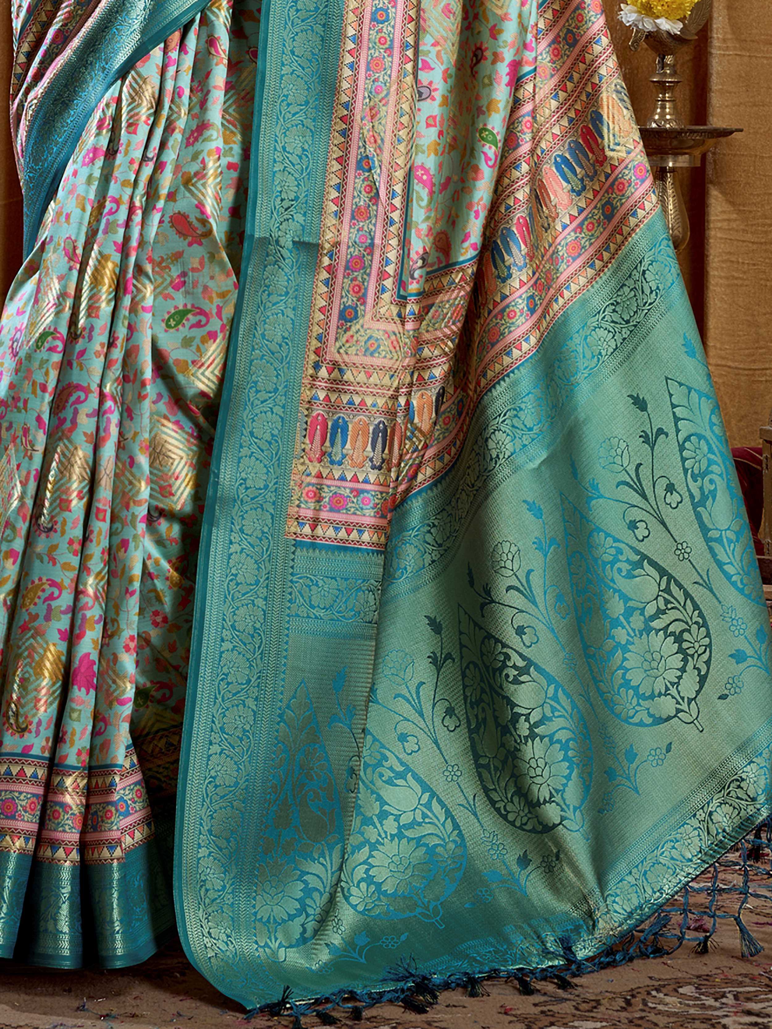 Precious Green Digital Printed Silk Wedding Wear Saree With Blouse