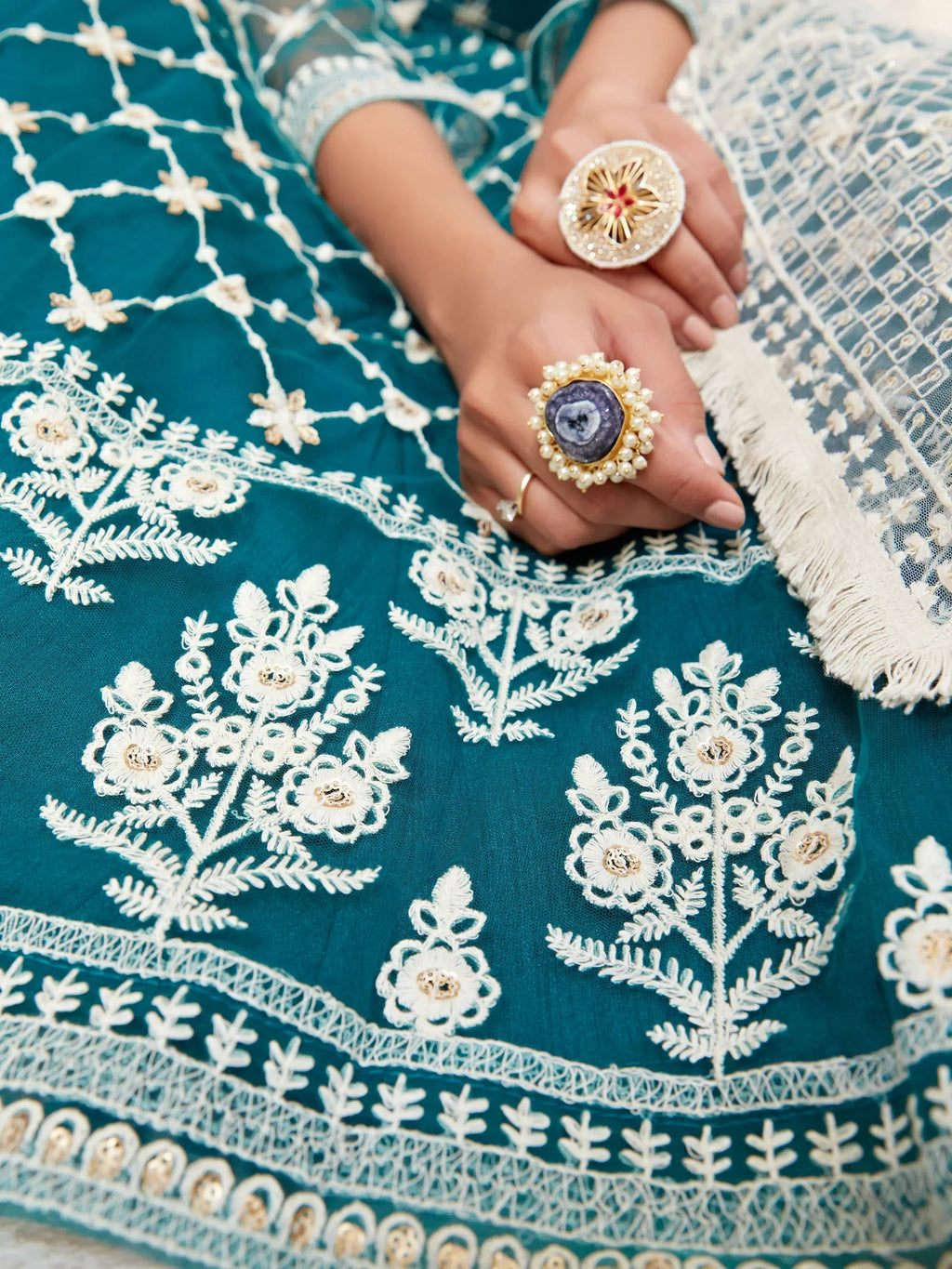 Charming Blue Thread Embroidered Net Festival Wear Lehenga Choli