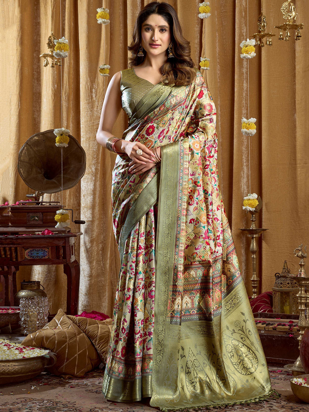 Alluring Green Digital Printed Silk Wedding Wear Saree With Blouse