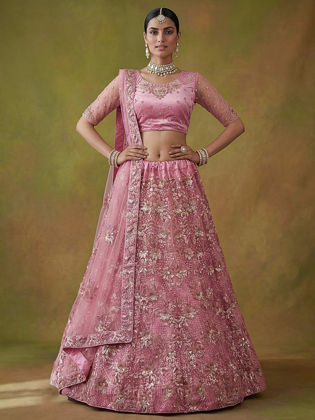 Pink Captivating Sequins Net Bridesmaid Lehenga Choli With Dupatta