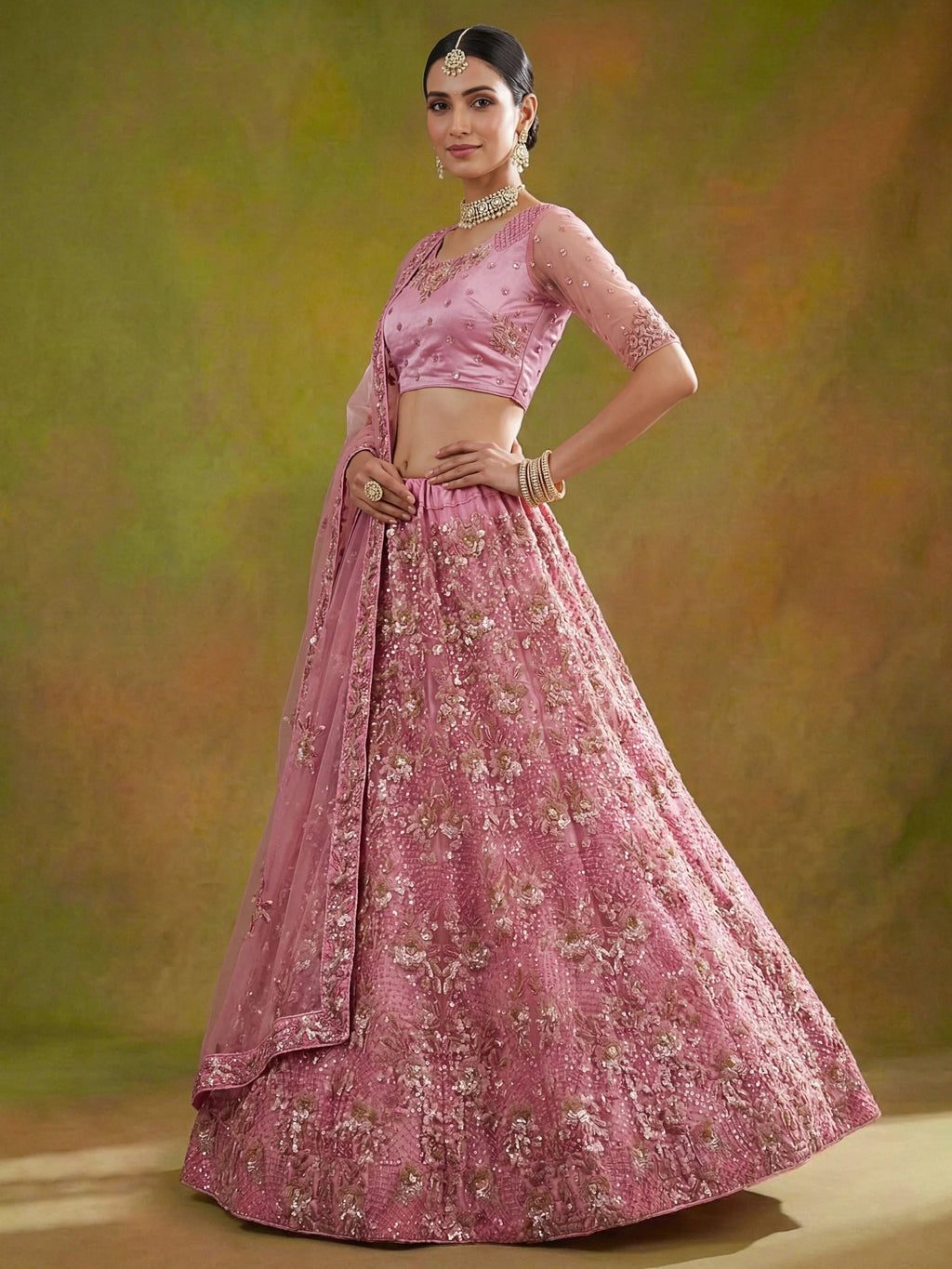 Pink Captivating Sequins Net Bridesmaid Lehenga Choli With Dupatta