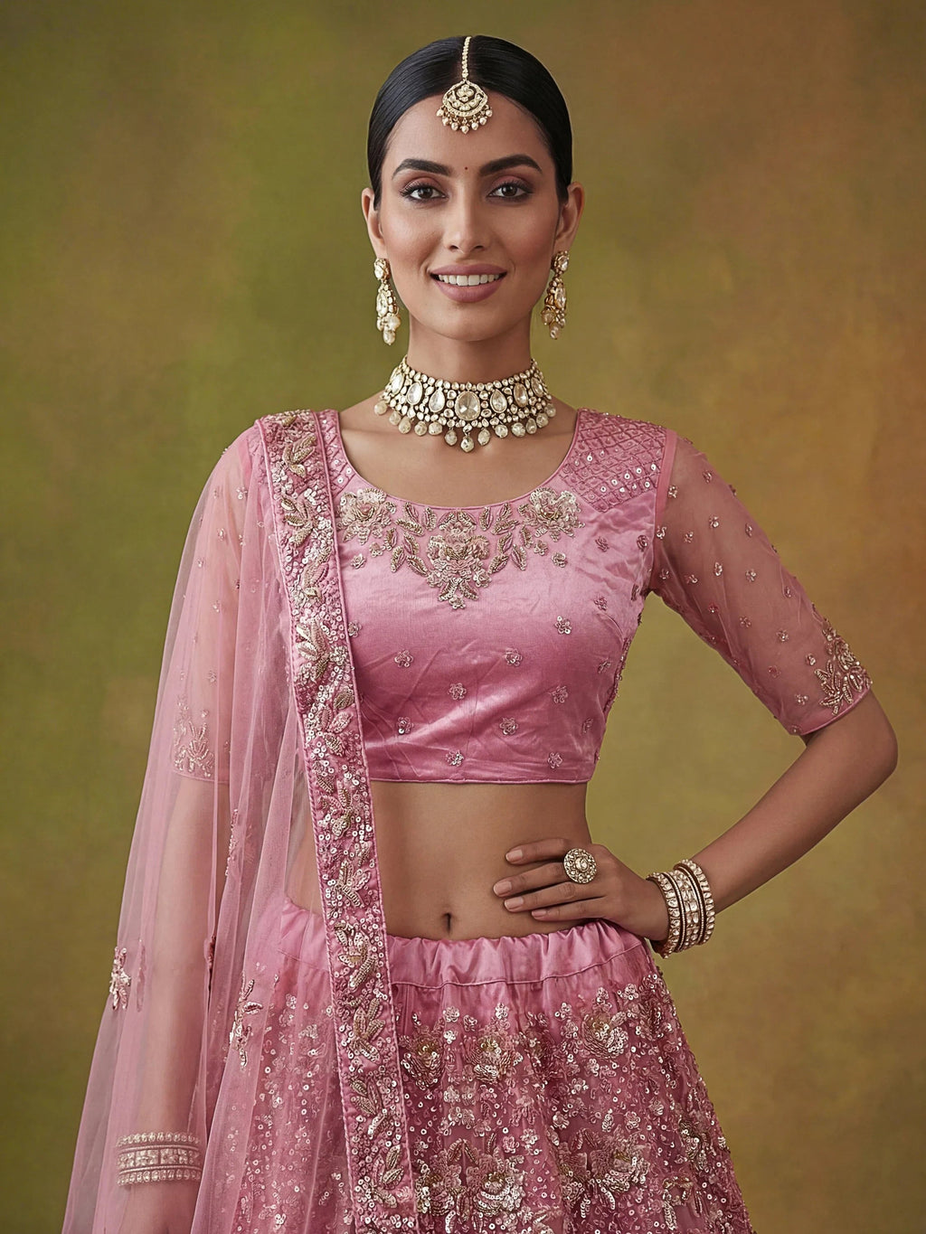 Pink Captivating Sequins Net Bridesmaid Lehenga Choli With Dupatta