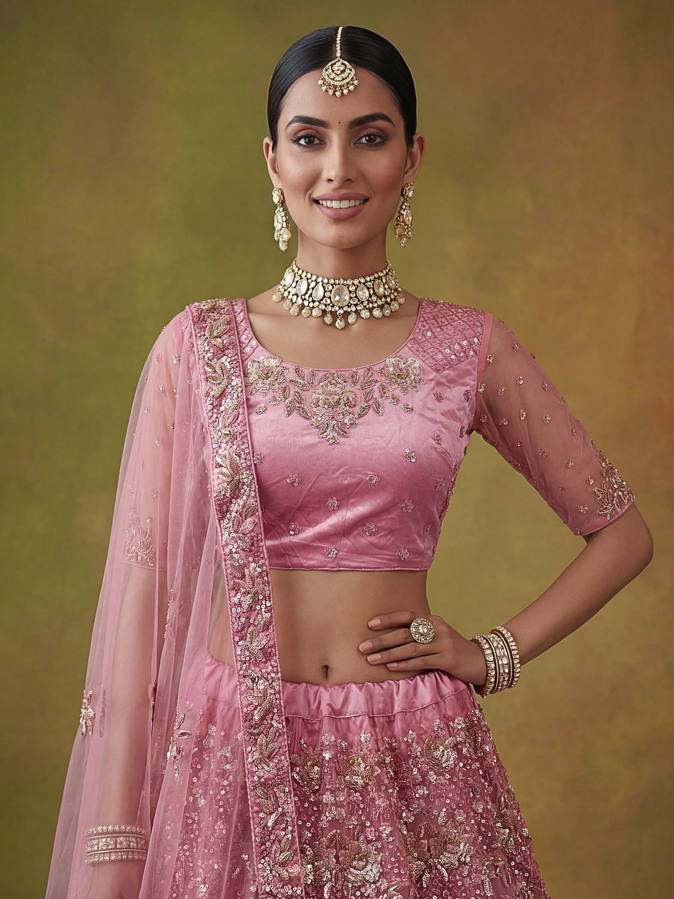 Pink Captivating Sequins Net Bridesmaid Lehenga Choli With Dupatta