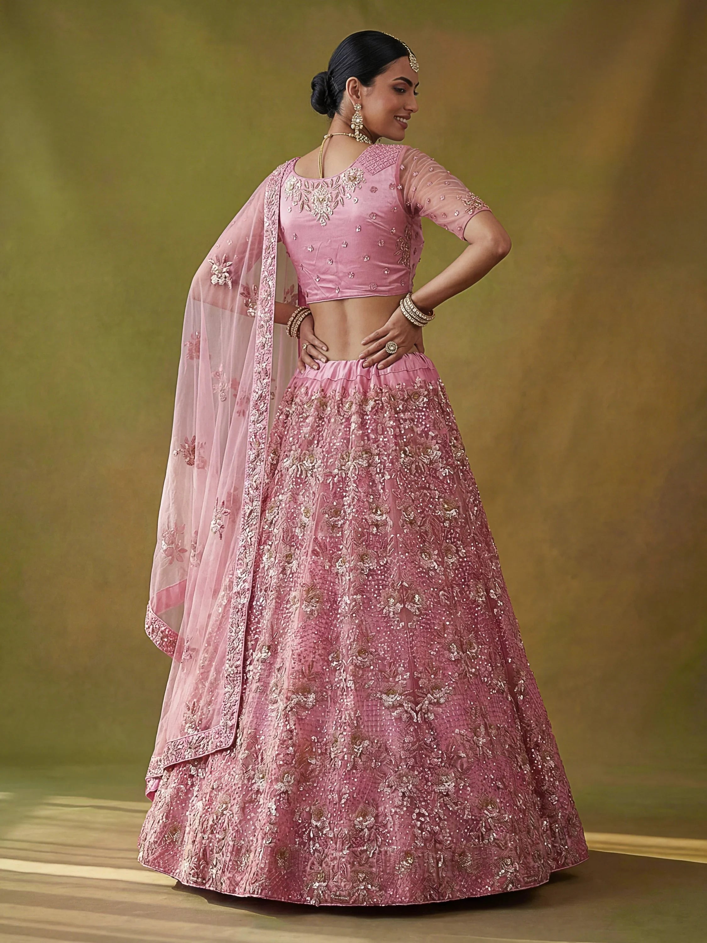 Pink Captivating Sequins Net Bridesmaid Lehenga Choli With Dupatta
