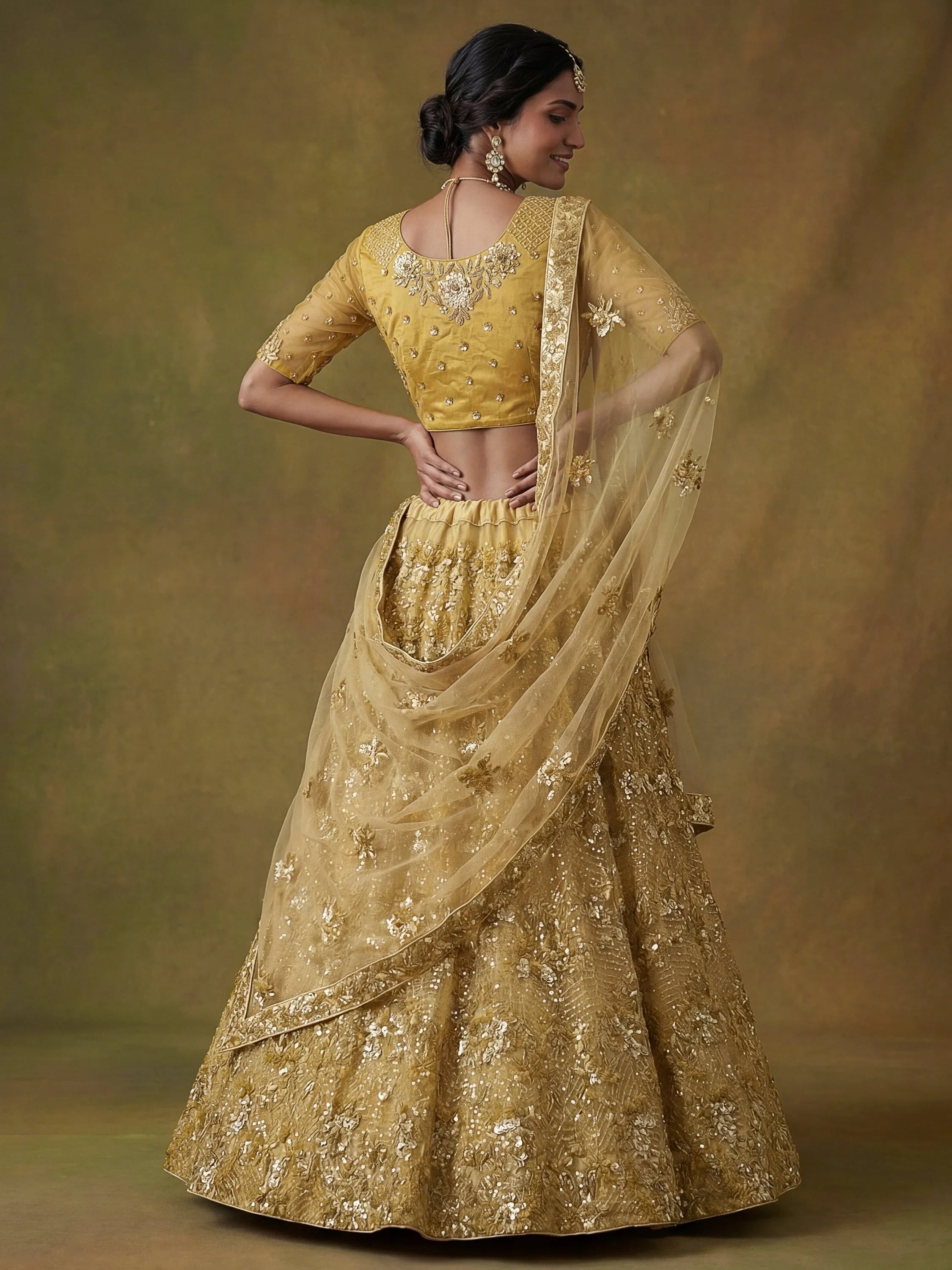 Yellow Captivating Sequins Net Bridesmaid Lehenga Choli With Dupatta