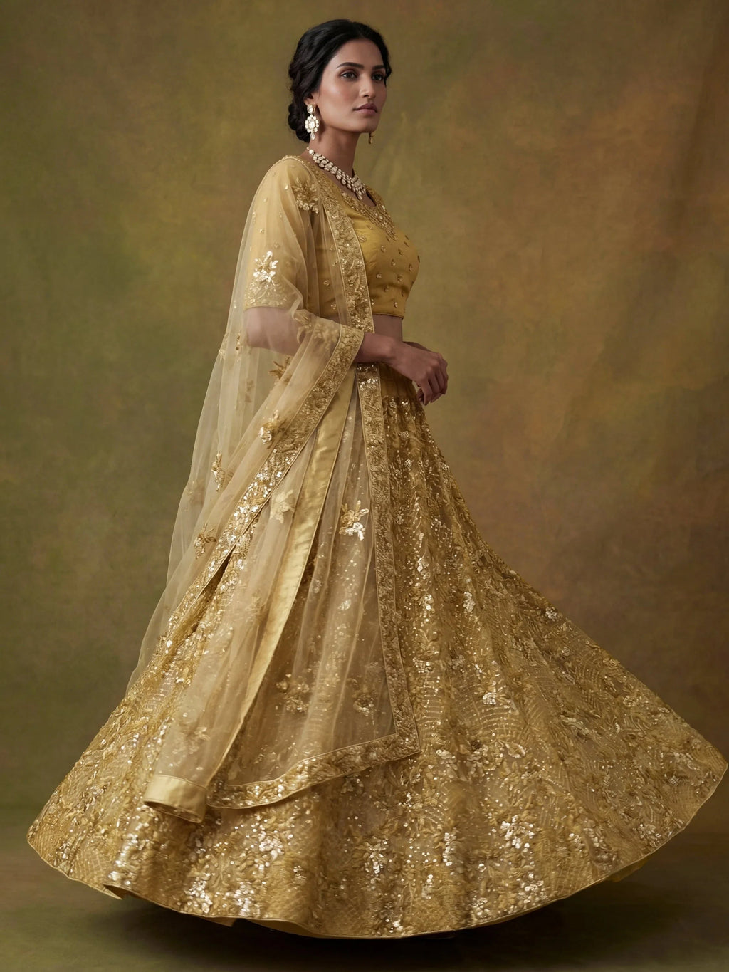 Yellow Captivating Sequins Net Bridesmaid Lehenga Choli With Dupatta