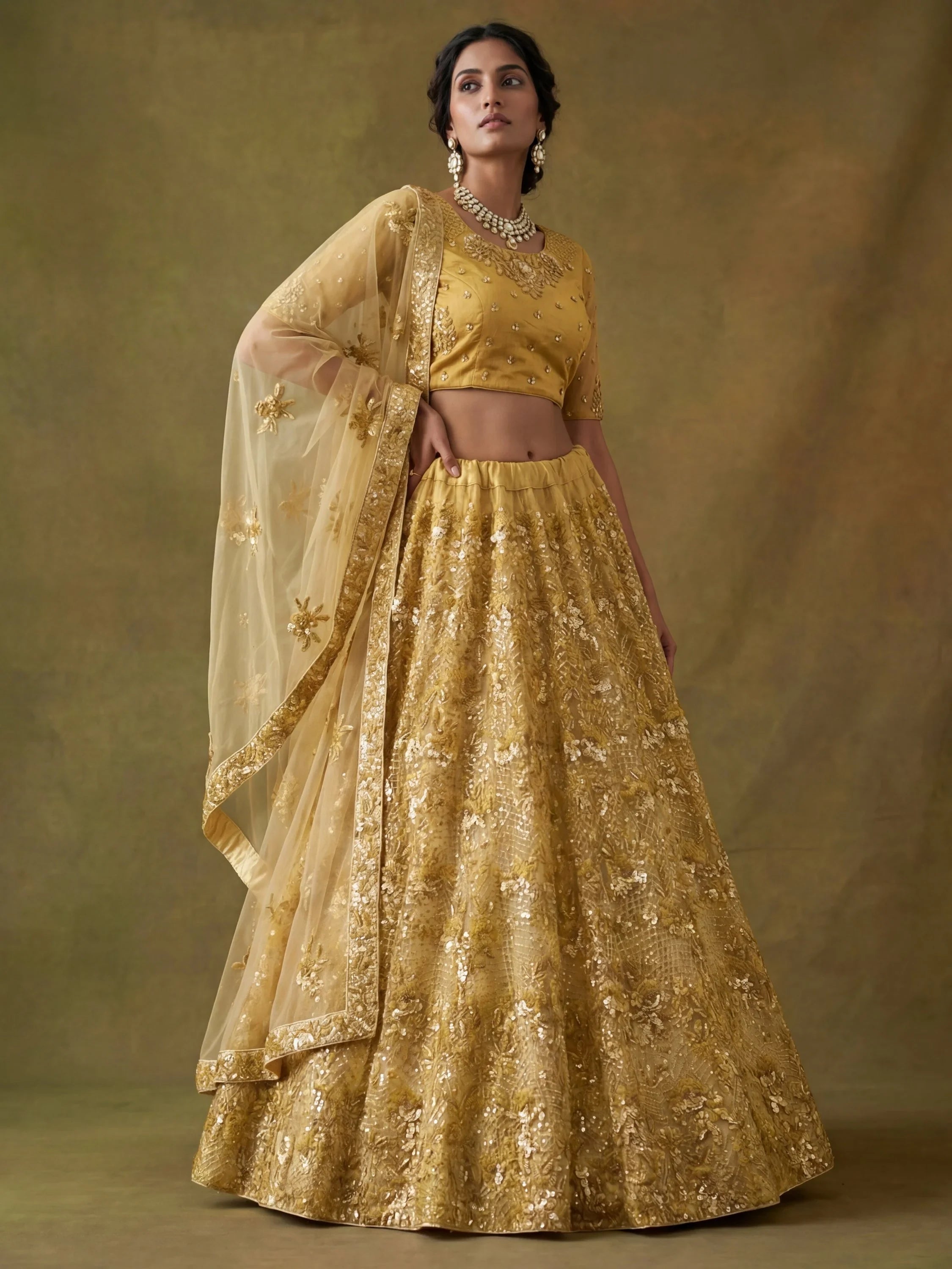 Yellow Captivating Sequins Net Bridesmaid Lehenga Choli With Dupatta