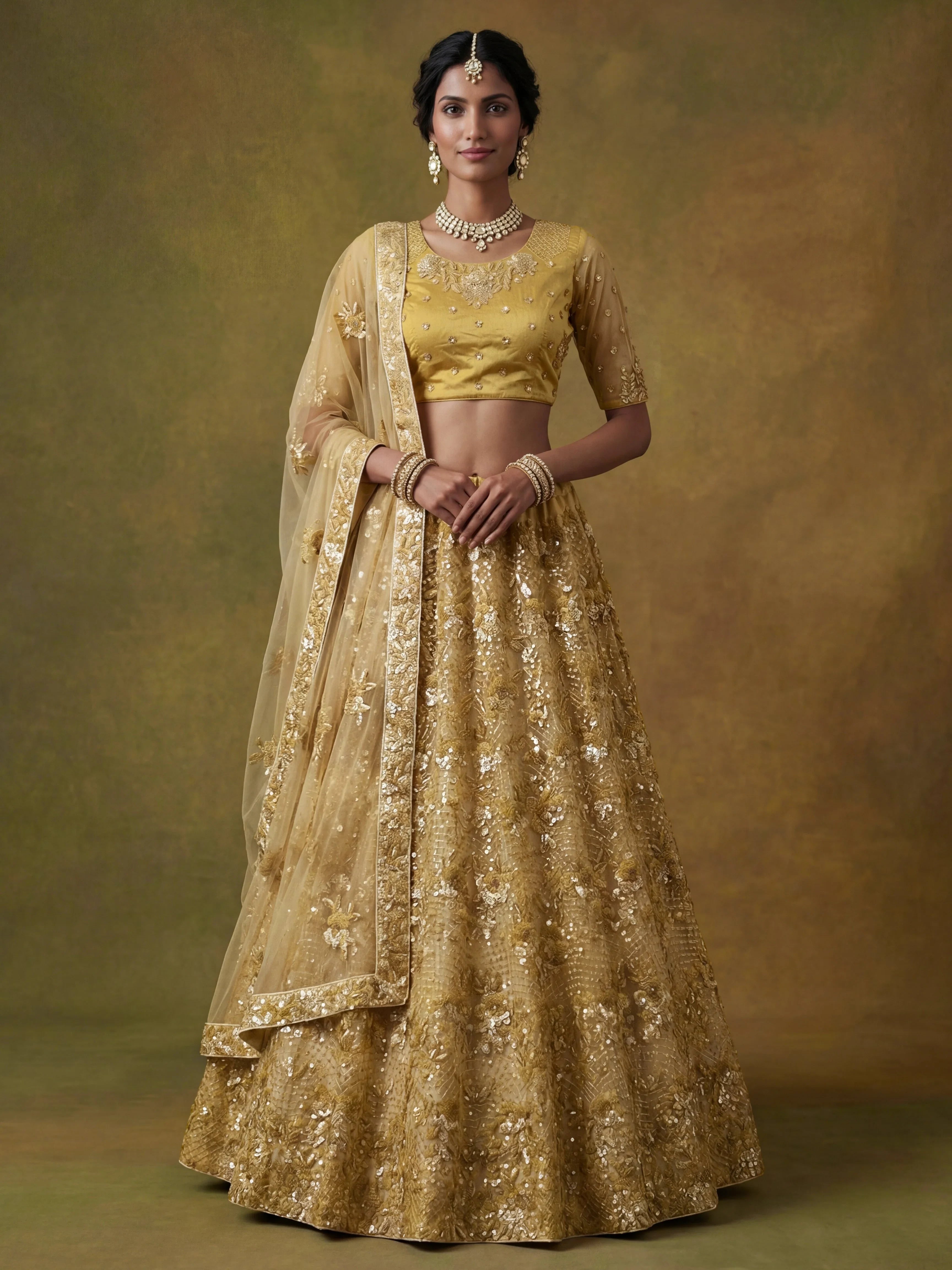 Yellow Captivating Sequins Net Bridesmaid Lehenga Choli With Dupatta