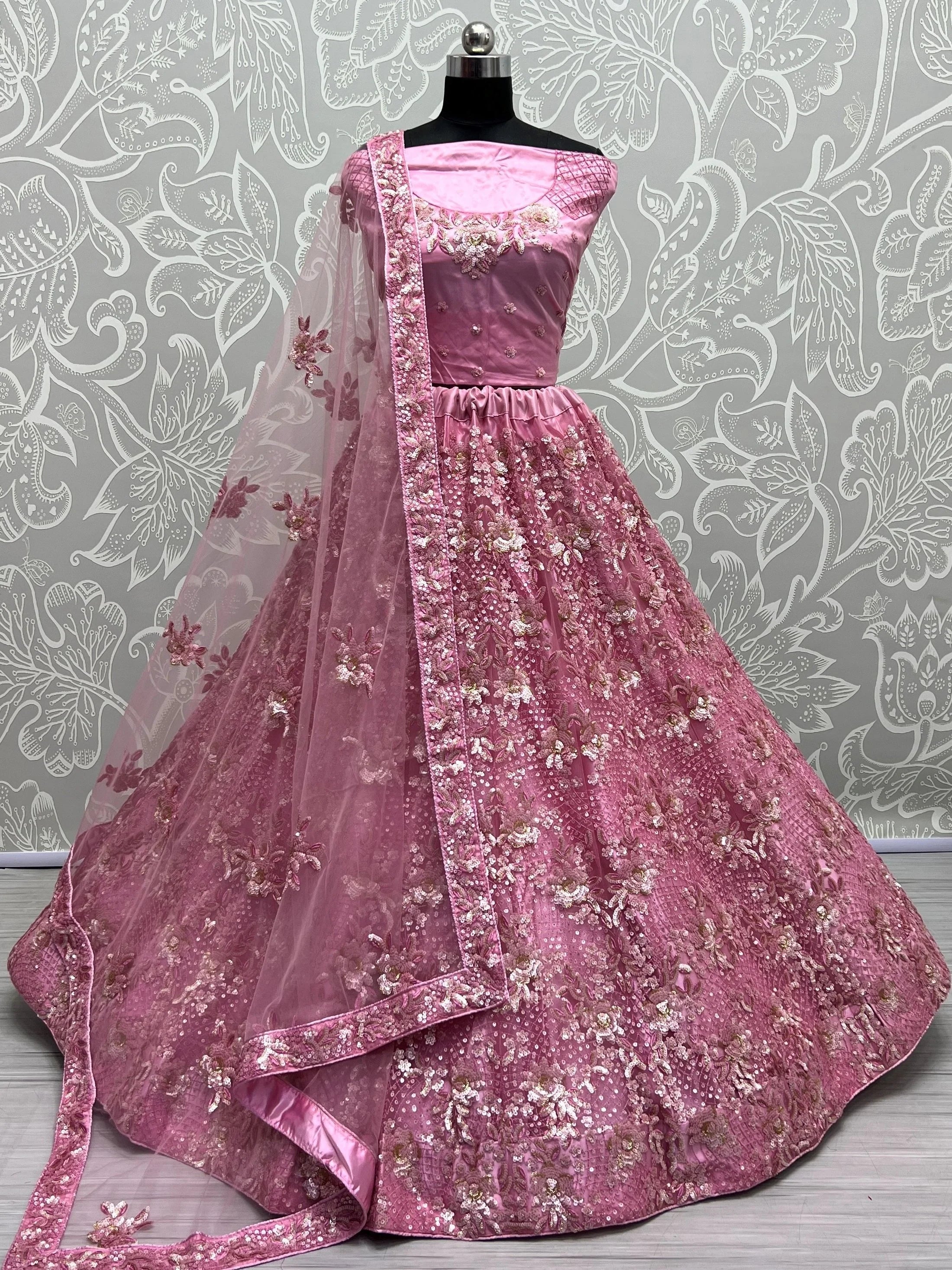 Pink Captivating Sequins Net Bridesmaid Lehenga Choli With Dupatta