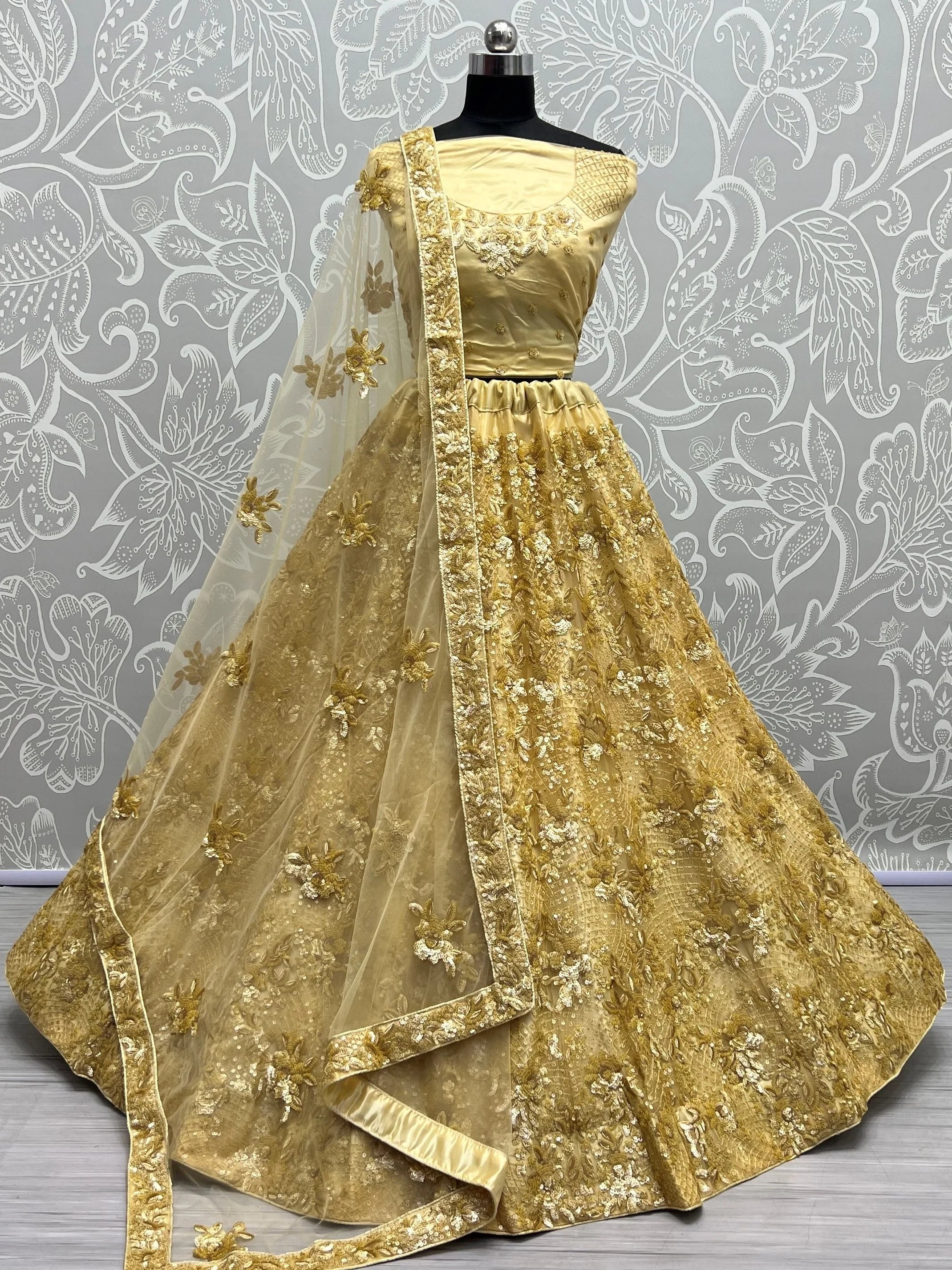 Yellow Captivating Sequins Net Bridesmaid Lehenga Choli With Dupatta