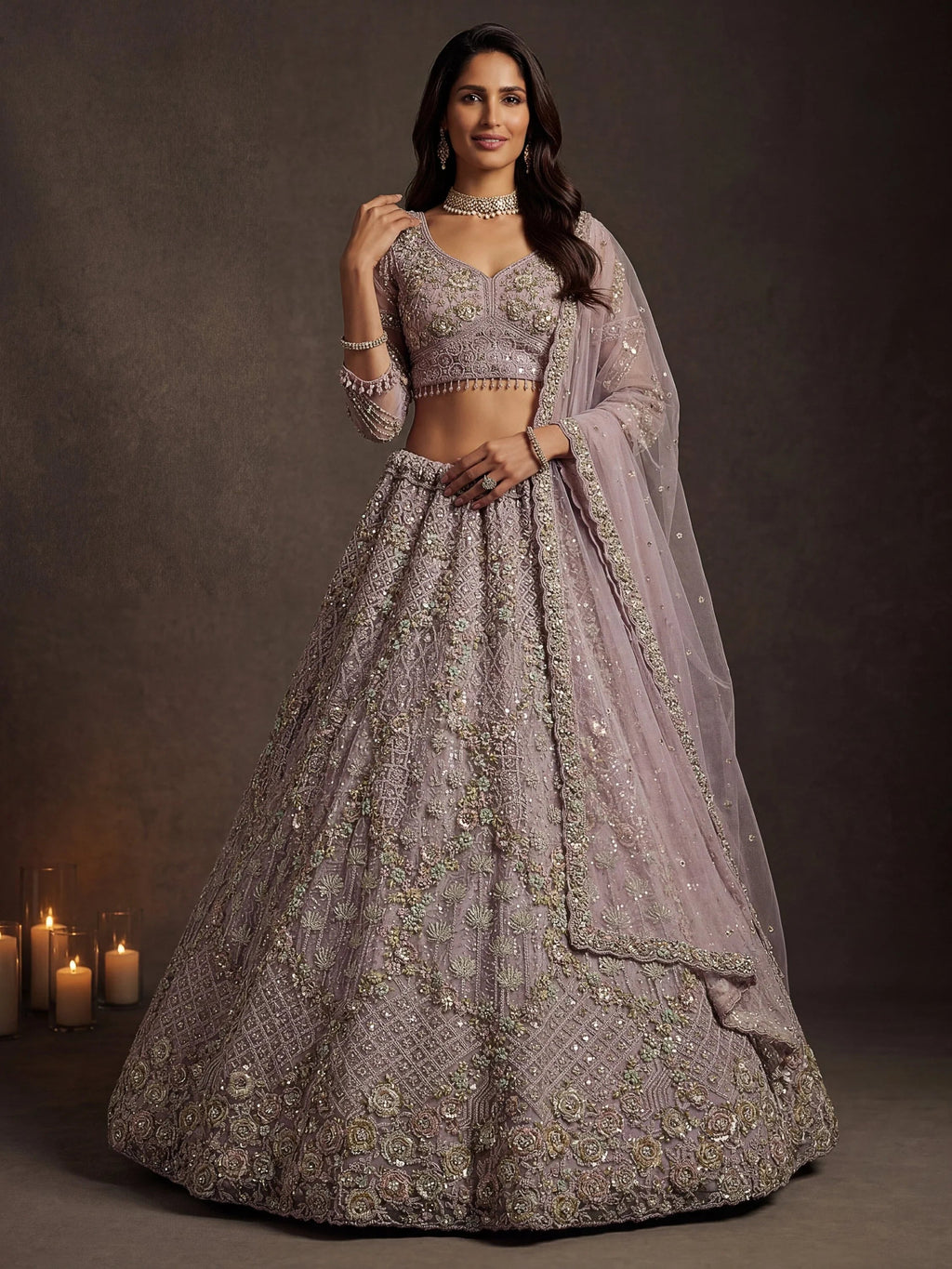 Mauve Notable Multi Thread Work Net Reception Wear Lehenga With Blouse