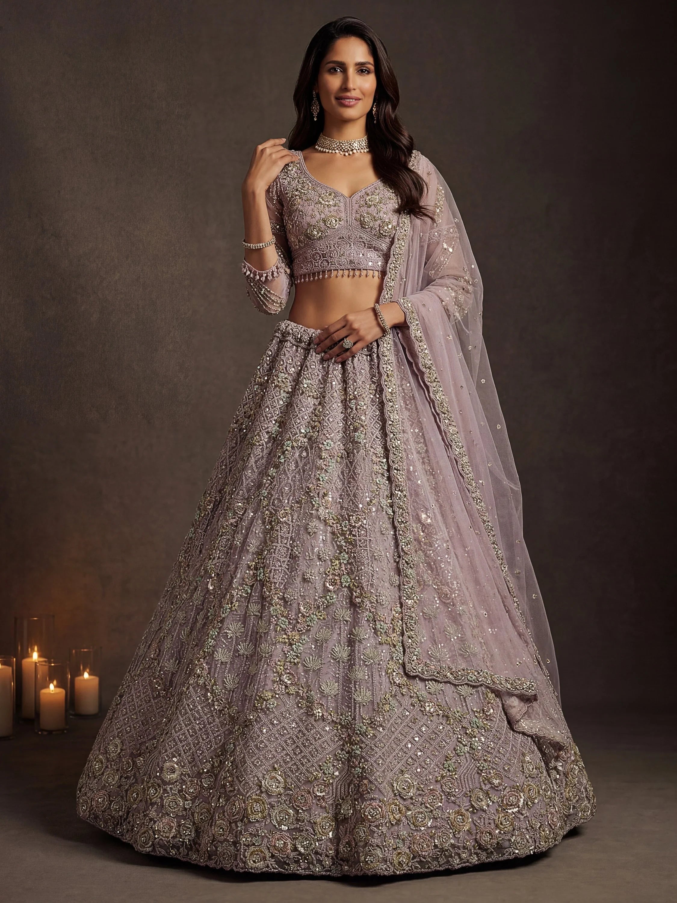 Mauve Notable Multi Thread Work Net Reception Wear Lehenga With Blouse
