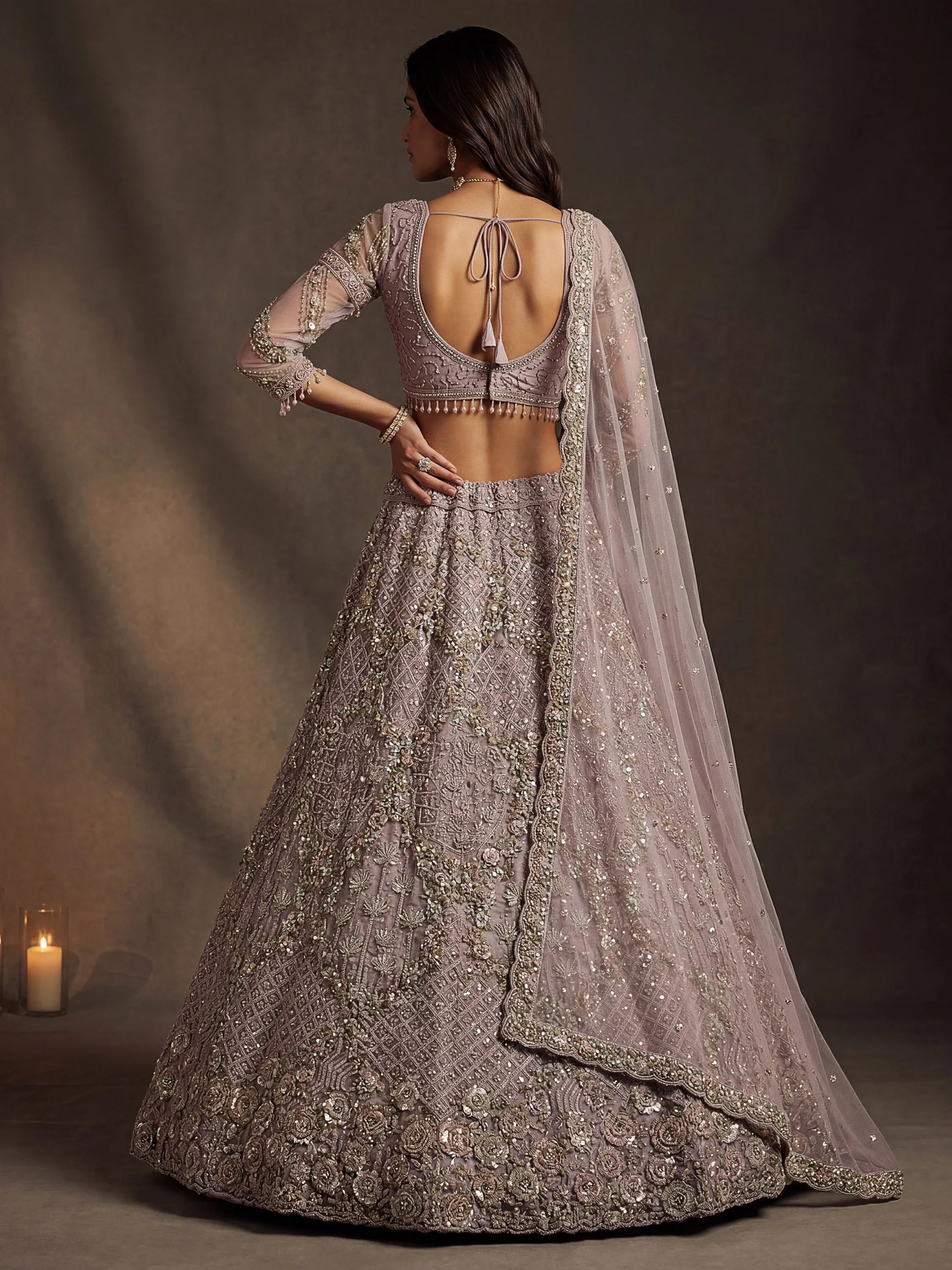 Mauve Notable Multi Thread Work Net Reception Wear Lehenga With Blouse