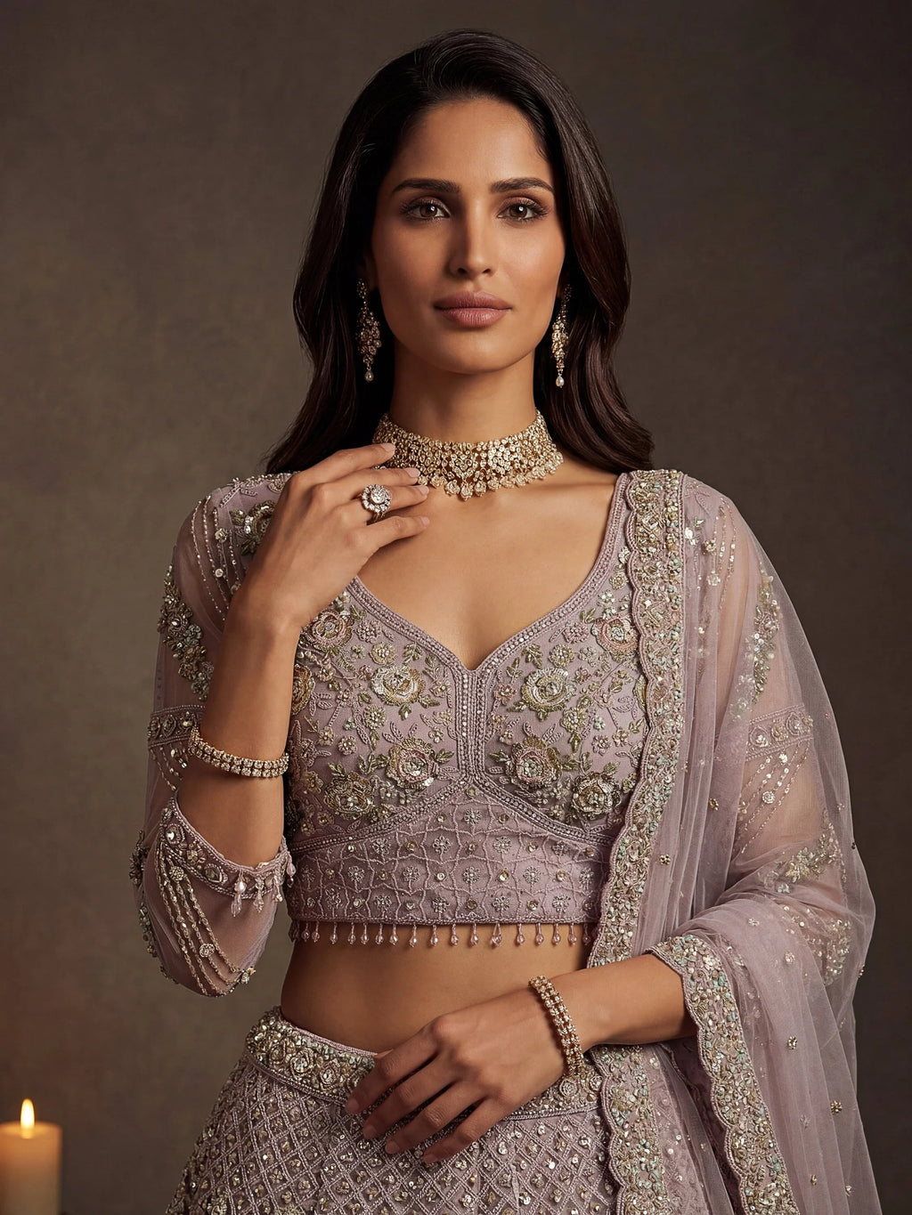 Mauve Notable Multi Thread Work Net Reception Wear Lehenga With Blouse