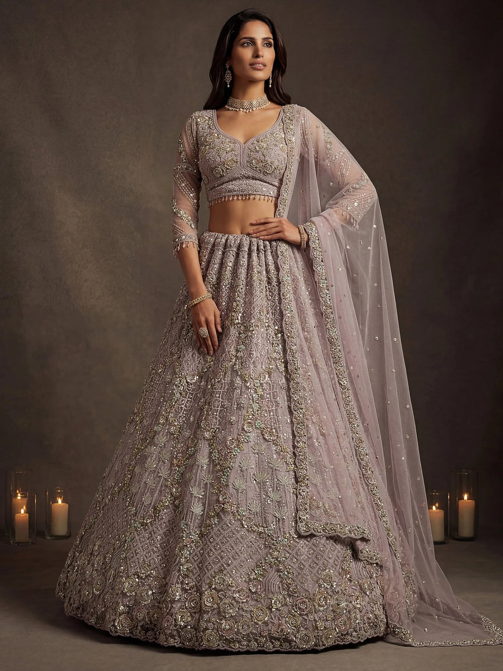 Mauve Notable Multi Thread Work Net Reception Wear Lehenga With Blouse