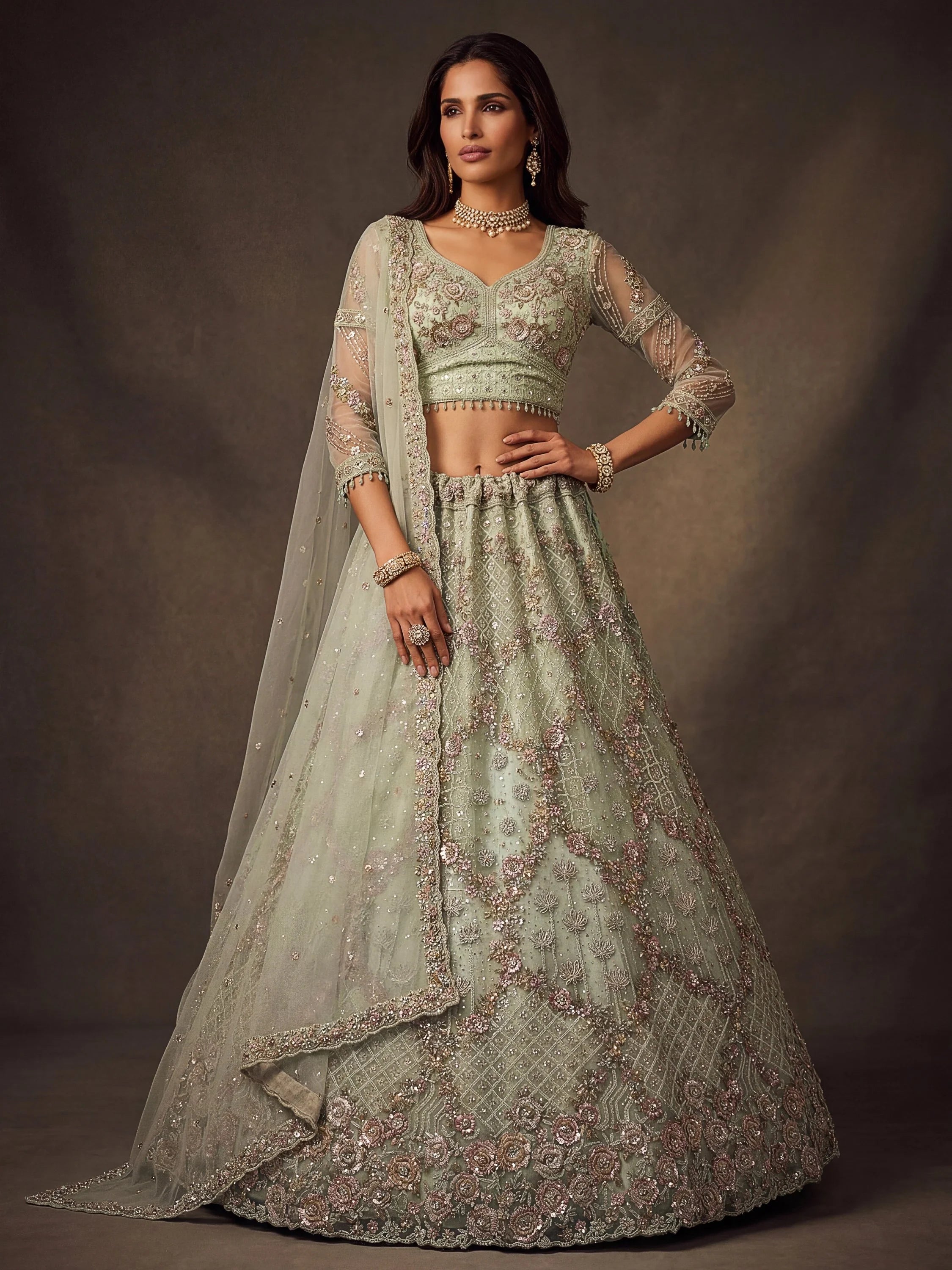 Green Notable Multi Thread Work Net Reception Wear Lehenga With Blouse