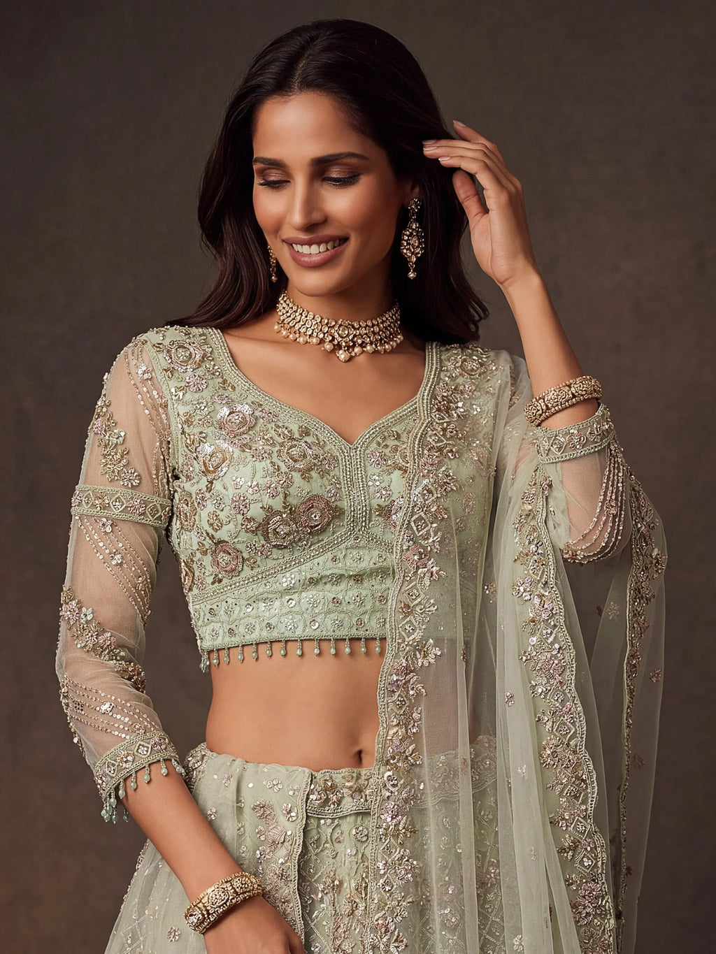 Green Notable Multi Thread Work Net Reception Wear Lehenga With Blouse
