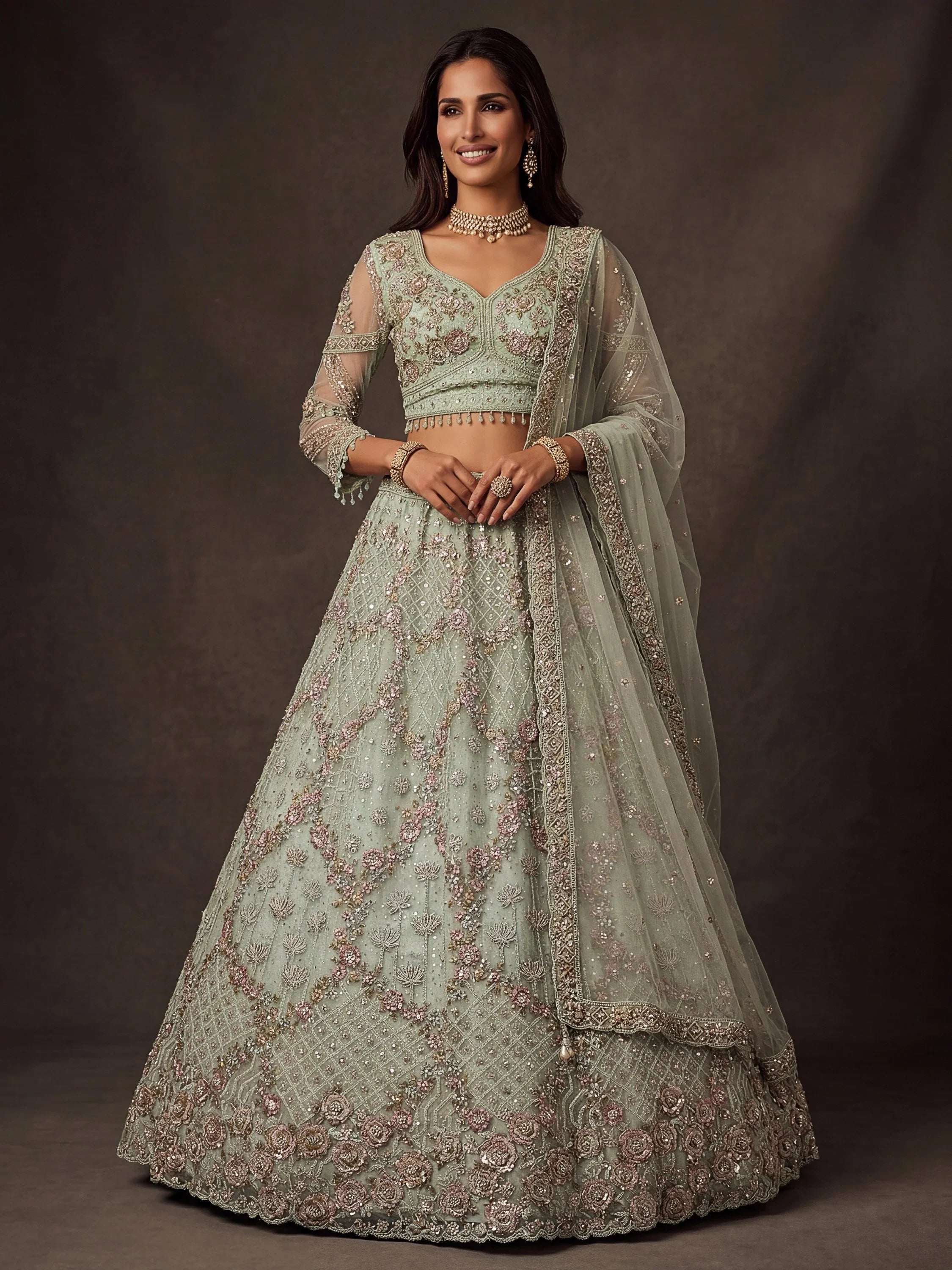 Green Notable Multi Thread Work Net Reception Wear Lehenga With Blouse